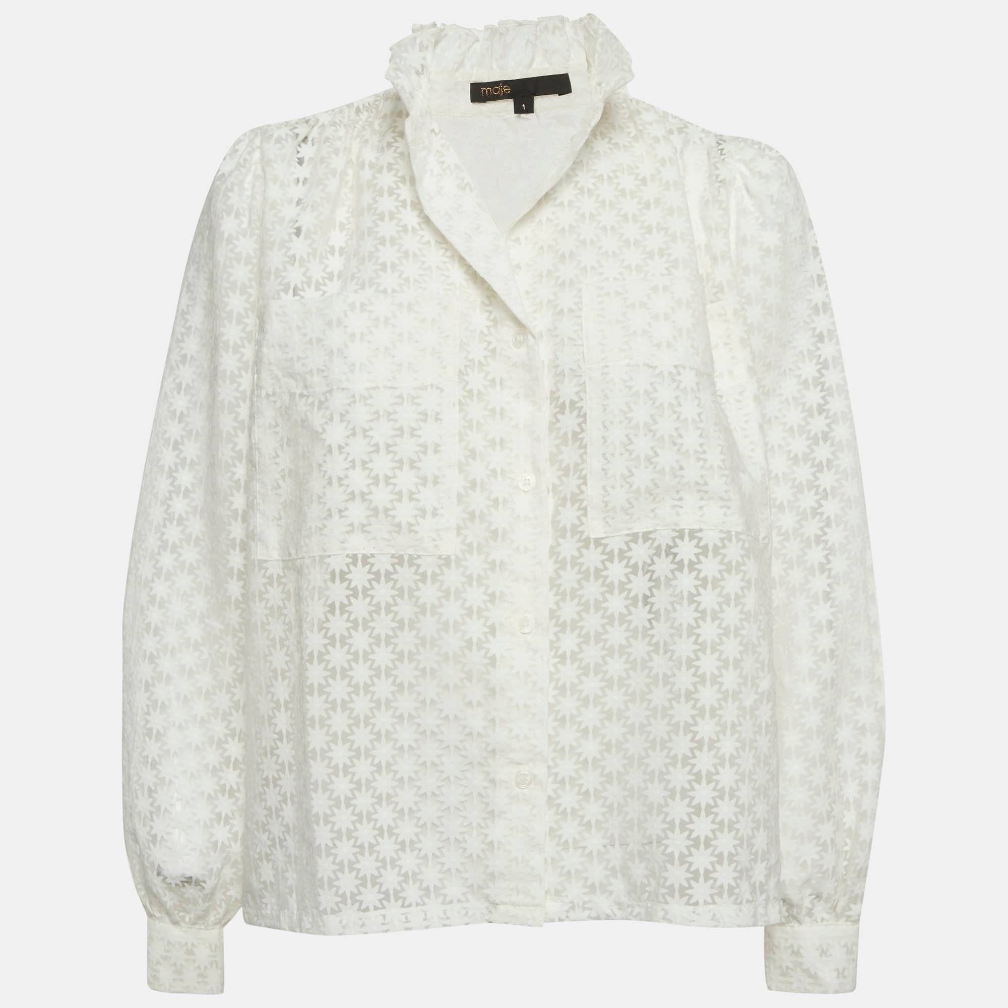 WHITE* Maje White Floral Pattern Chiffon Sheer Shirt
