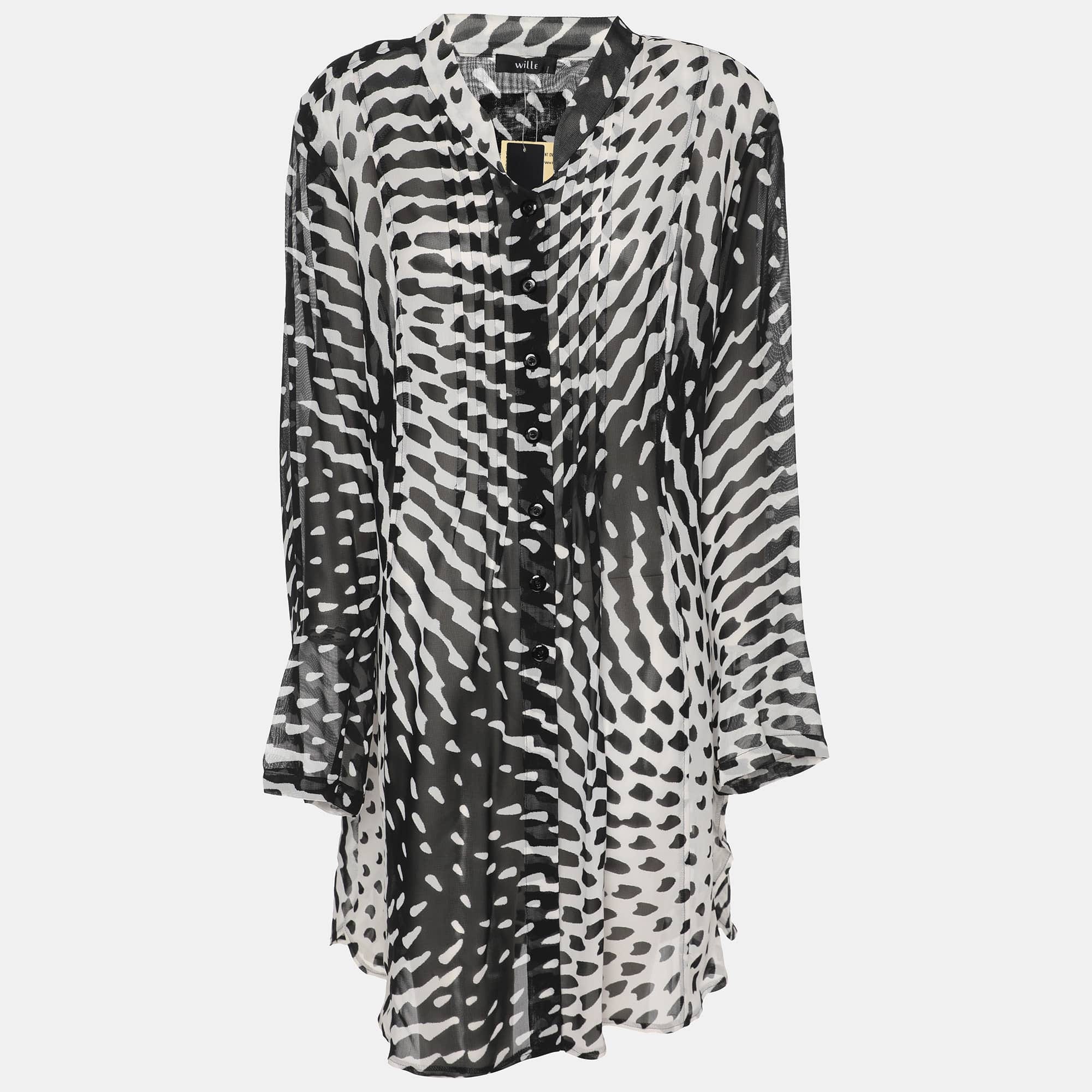 WHITE* Wille Black/white Printed Chiffon Oversized Long Sleeve Shirt