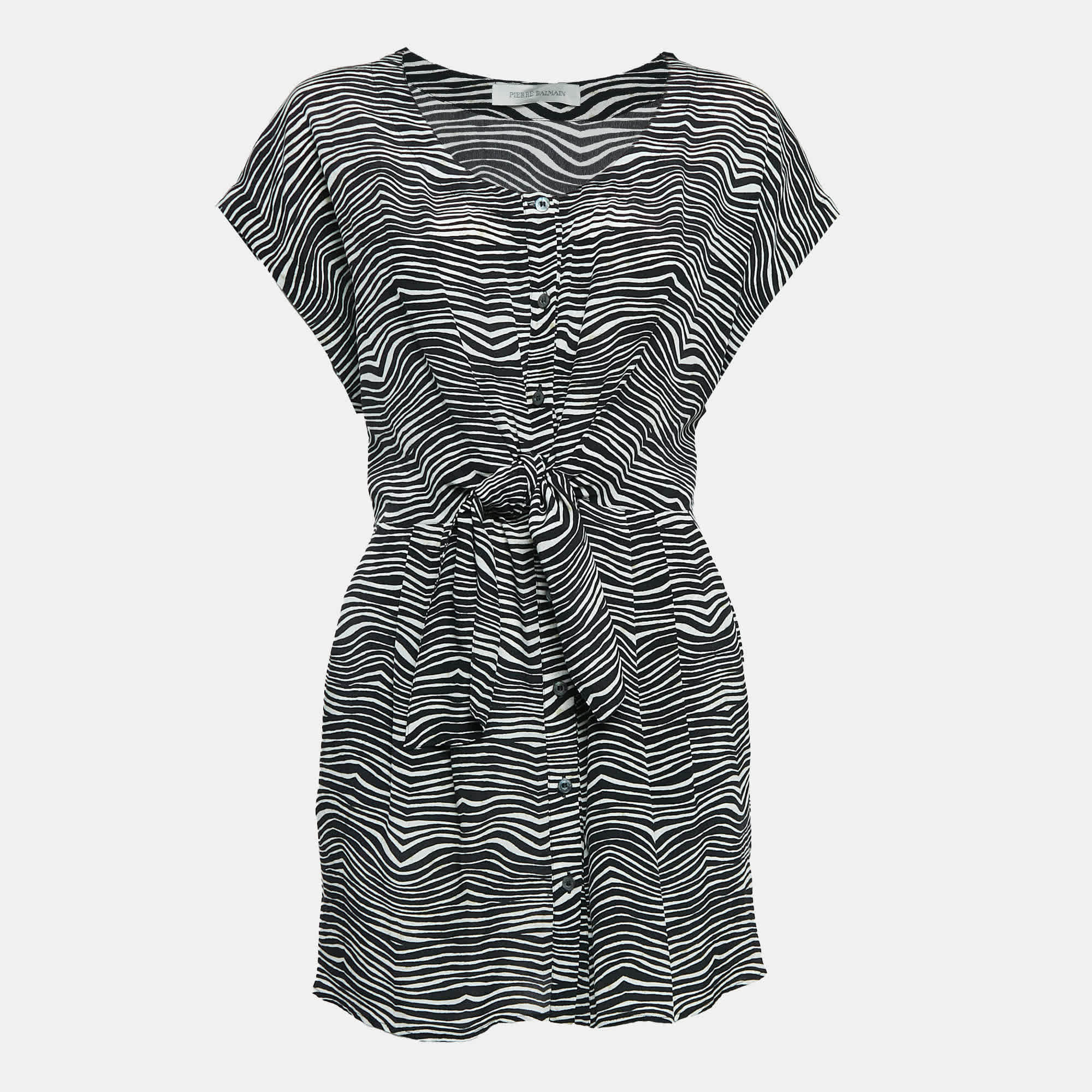 Pierre Balmain Black/white Printed Silk Waist Tie - Up Detail Mini Dress