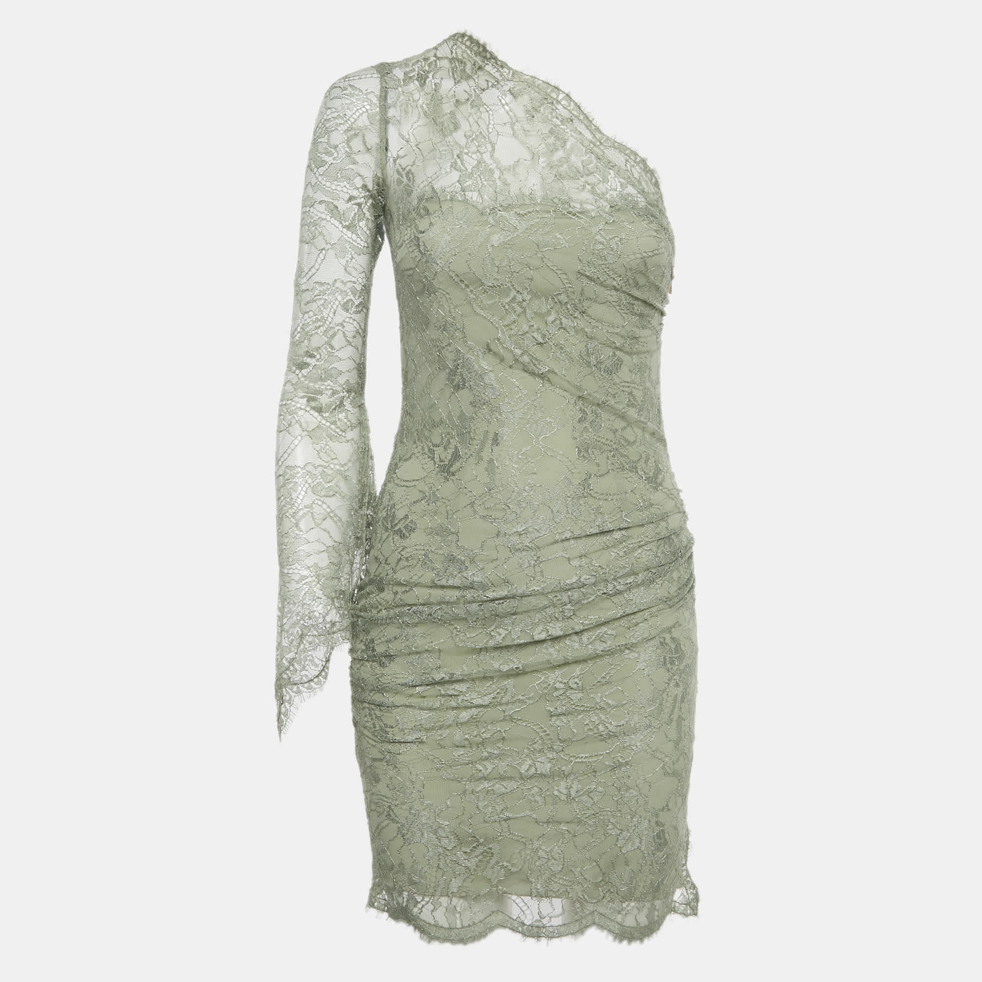 Emilio Pucci Green Lace One - Shoulder Mini Dress