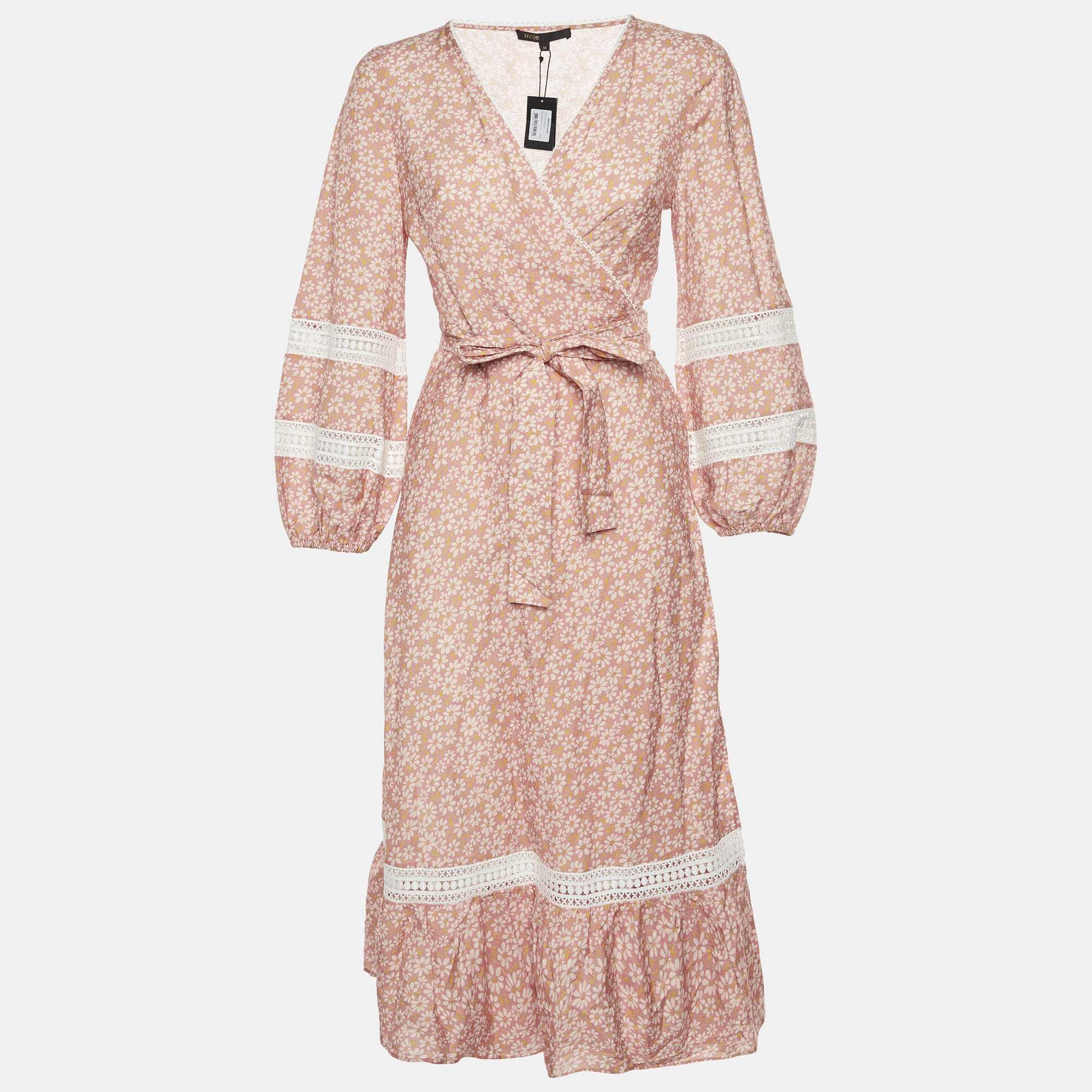 BLEND Maje Multicolor Floral Print Linen Blend Wrap Midi Dress