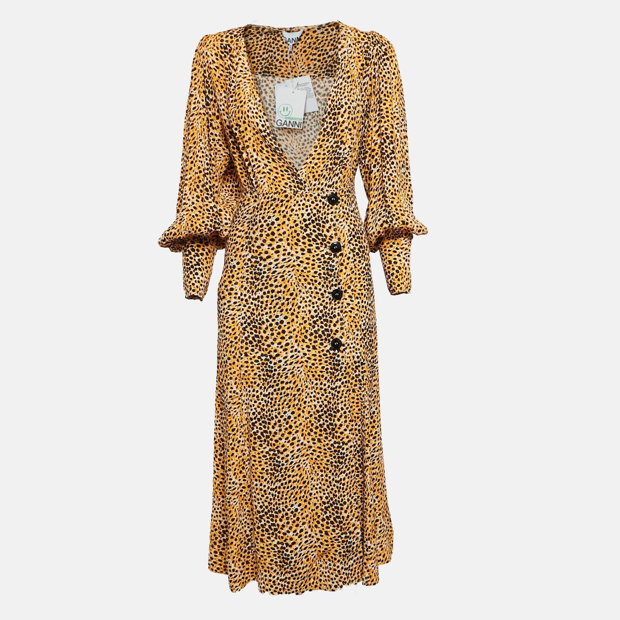 Yellow Ganni Yellow Leopard Print Crepe Buttoned Midi Dress