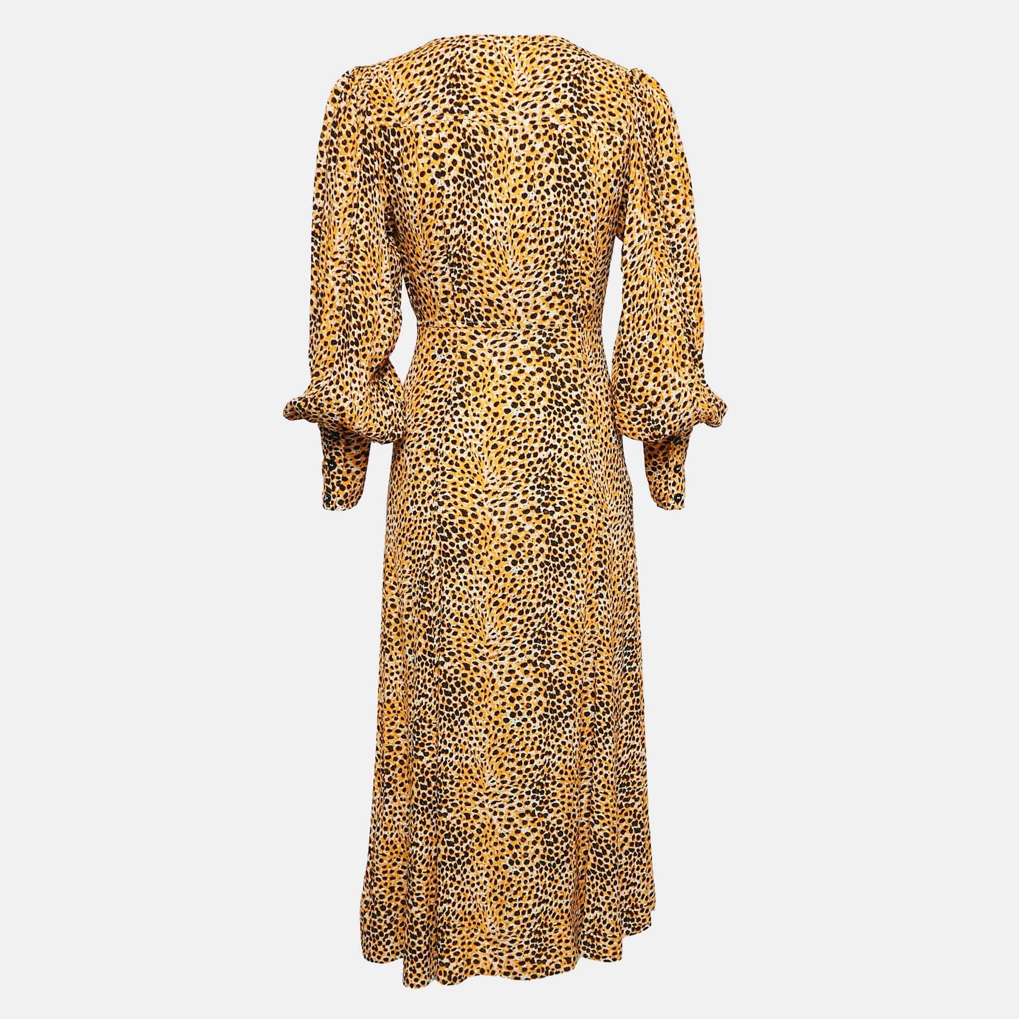 Yellow Ganni Yellow Leopard Print Crepe Buttoned Midi Dress