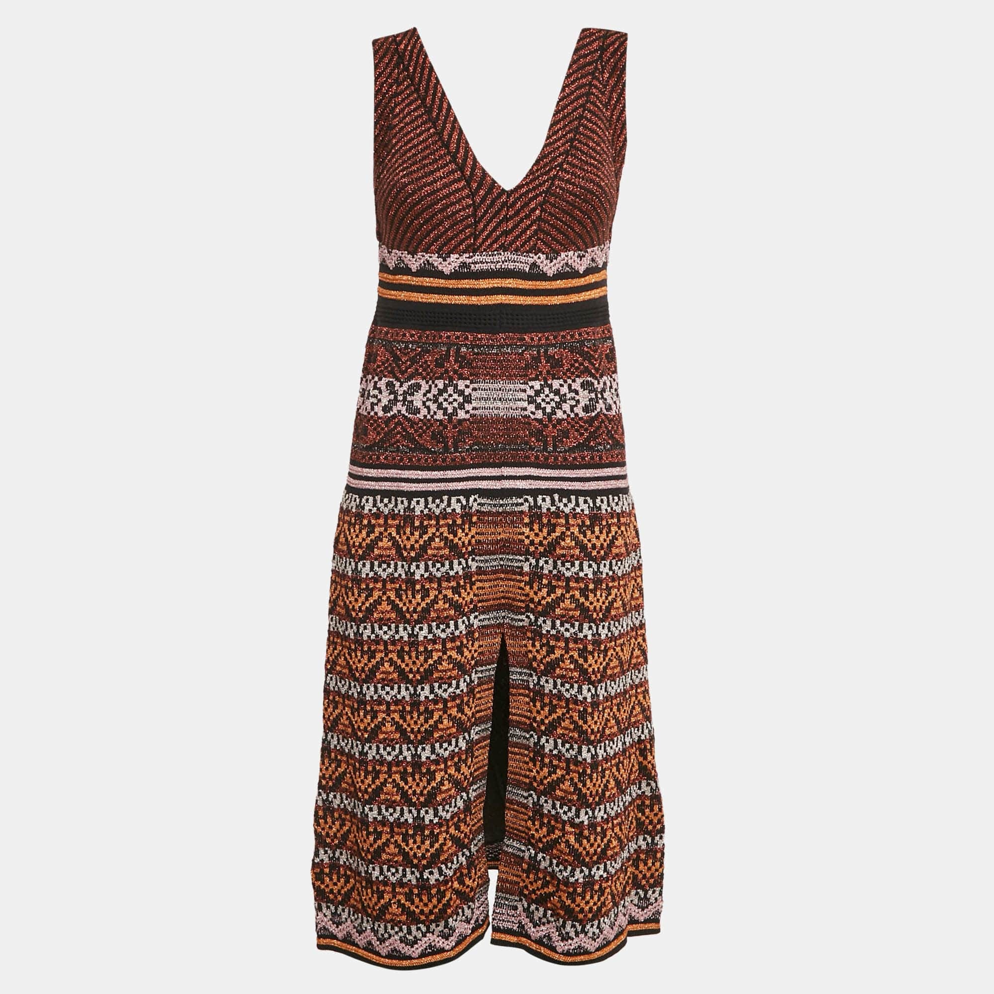 M Missoni Black/orange Patterned Lurex Knit V - Neck Midi Dress