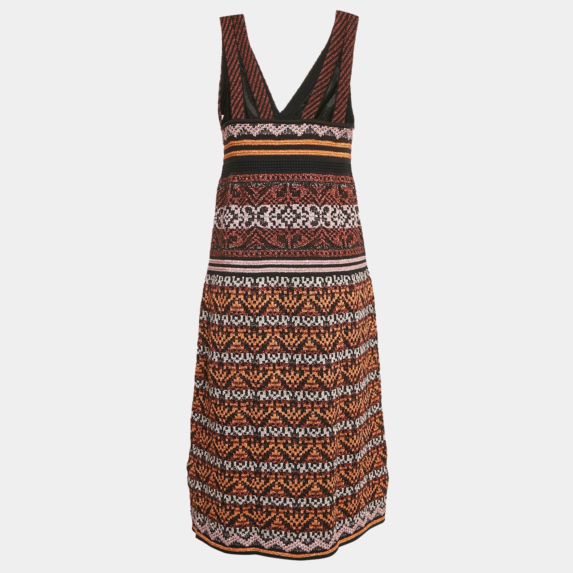 M Missoni Black/orange Patterned Lurex Knit V - Neck Midi Dress