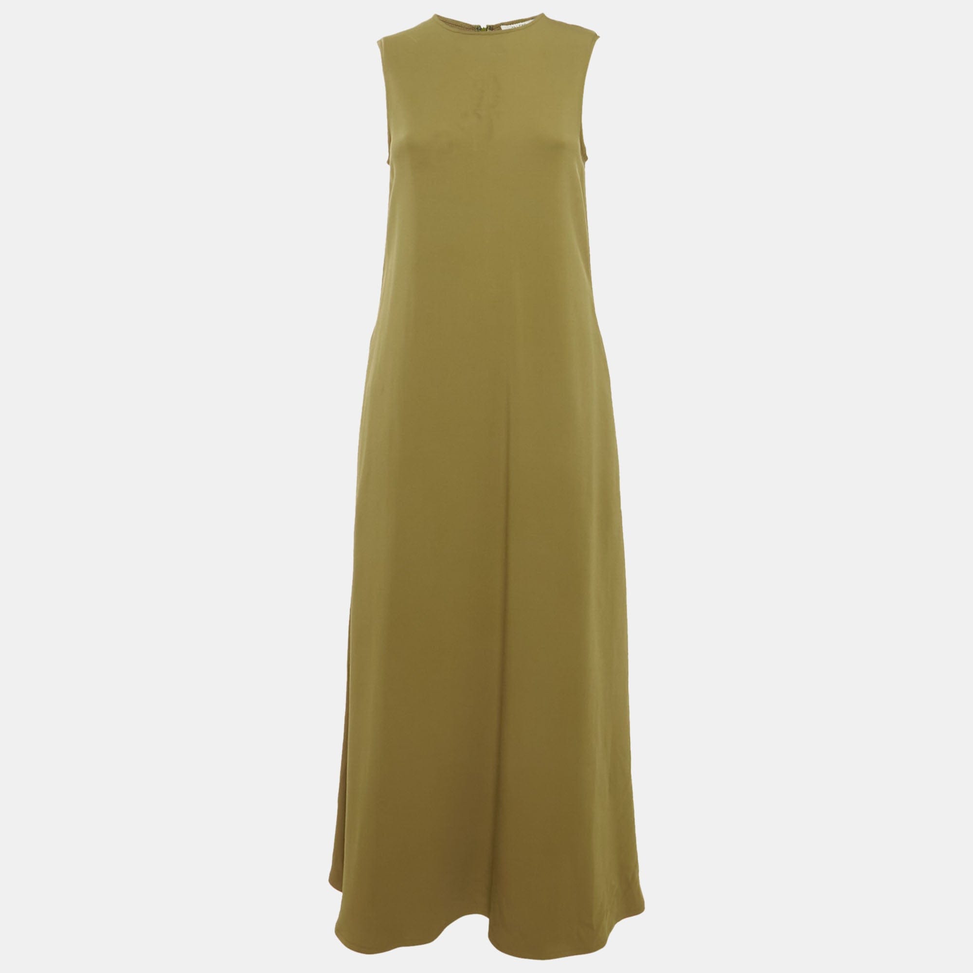 Asceno Olive Green Crepe Sleeveless Long Dress