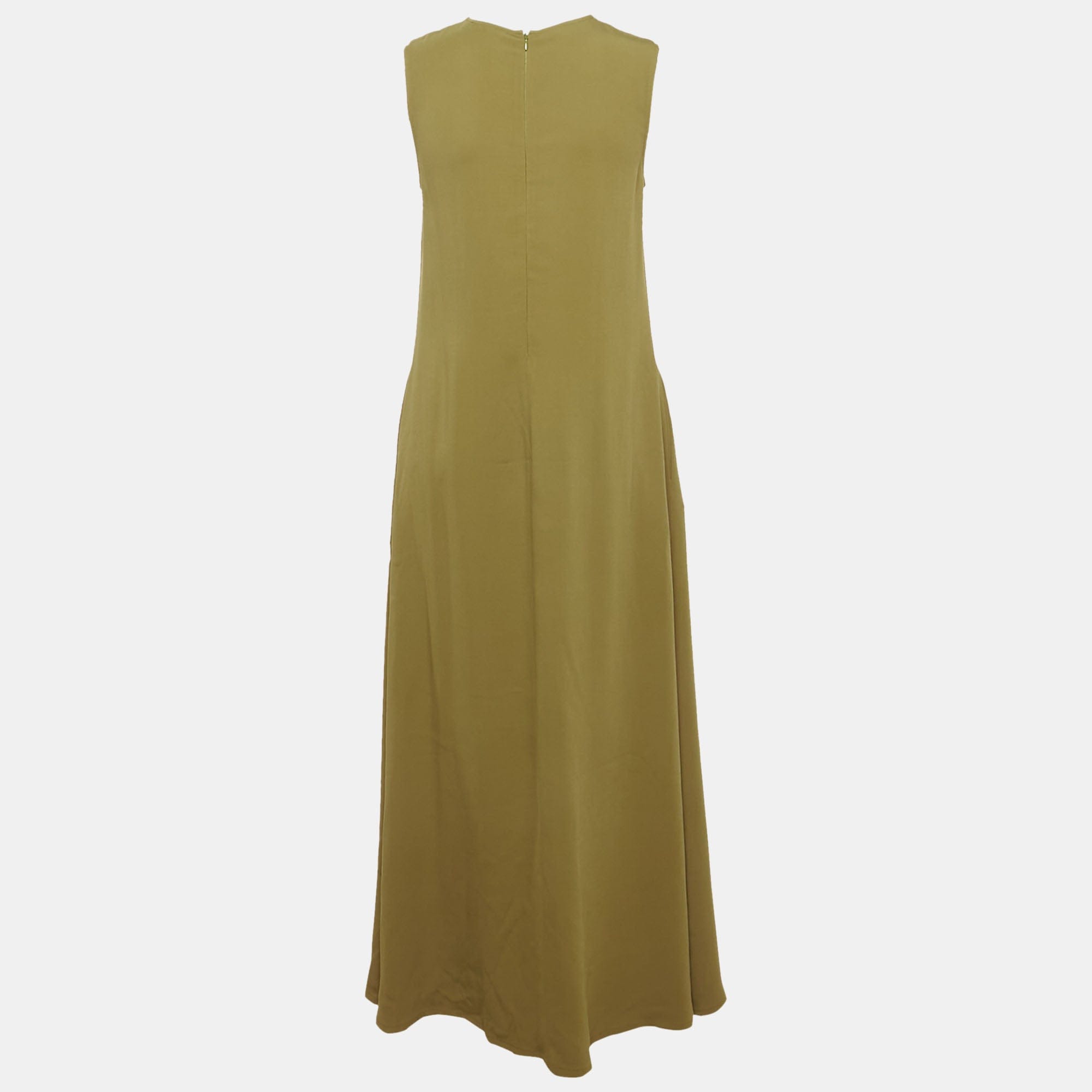 Asceno Olive Green Crepe Sleeveless Long Dress