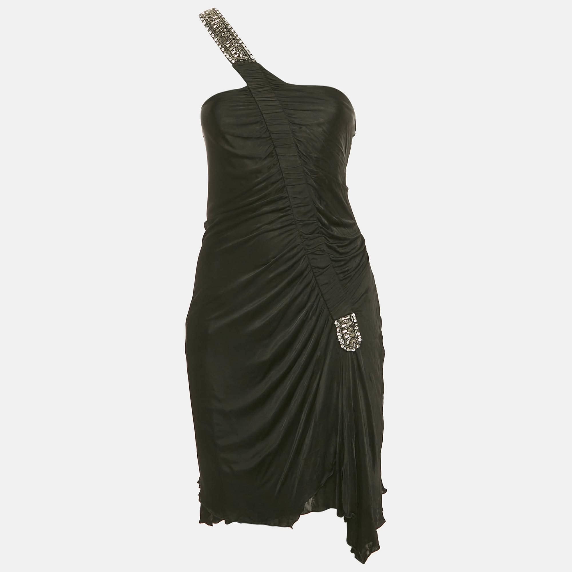 ONE Black Embellished Jersey One Shoulder Mini Dress