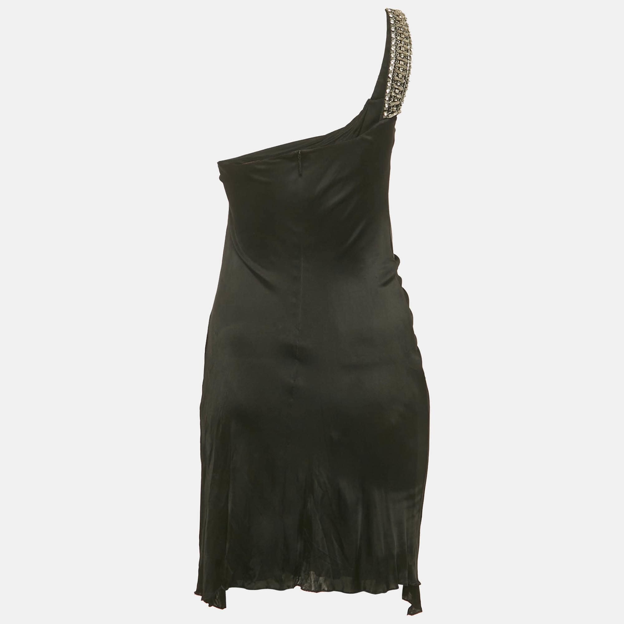 ONE Black Embellished Jersey One Shoulder Mini Dress