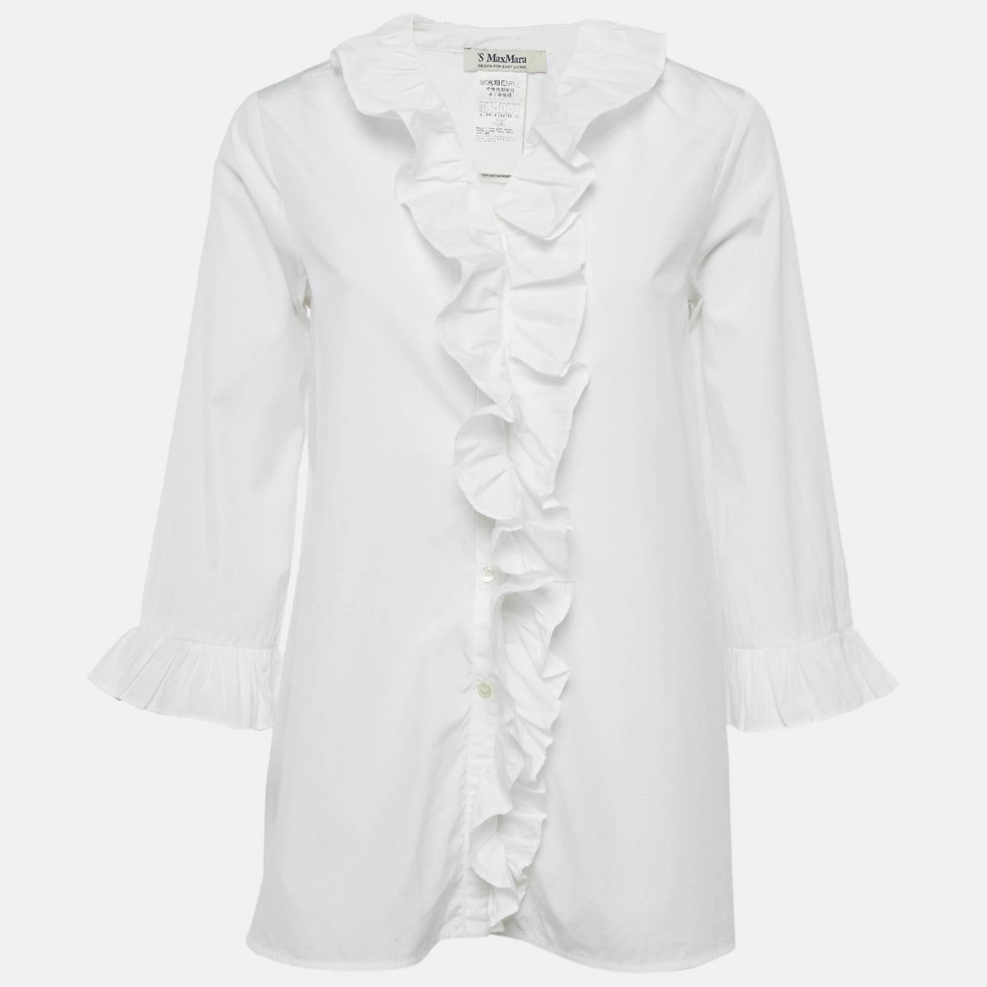 White Cotton Ruffled Button Front Shirt
