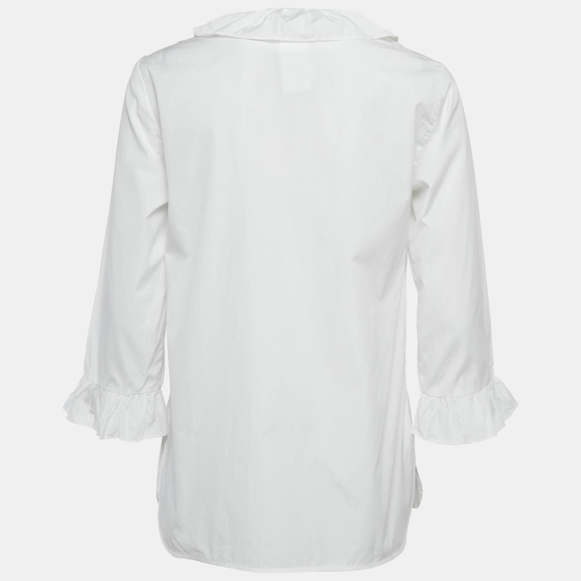 White Cotton Ruffled Button Front Shirt