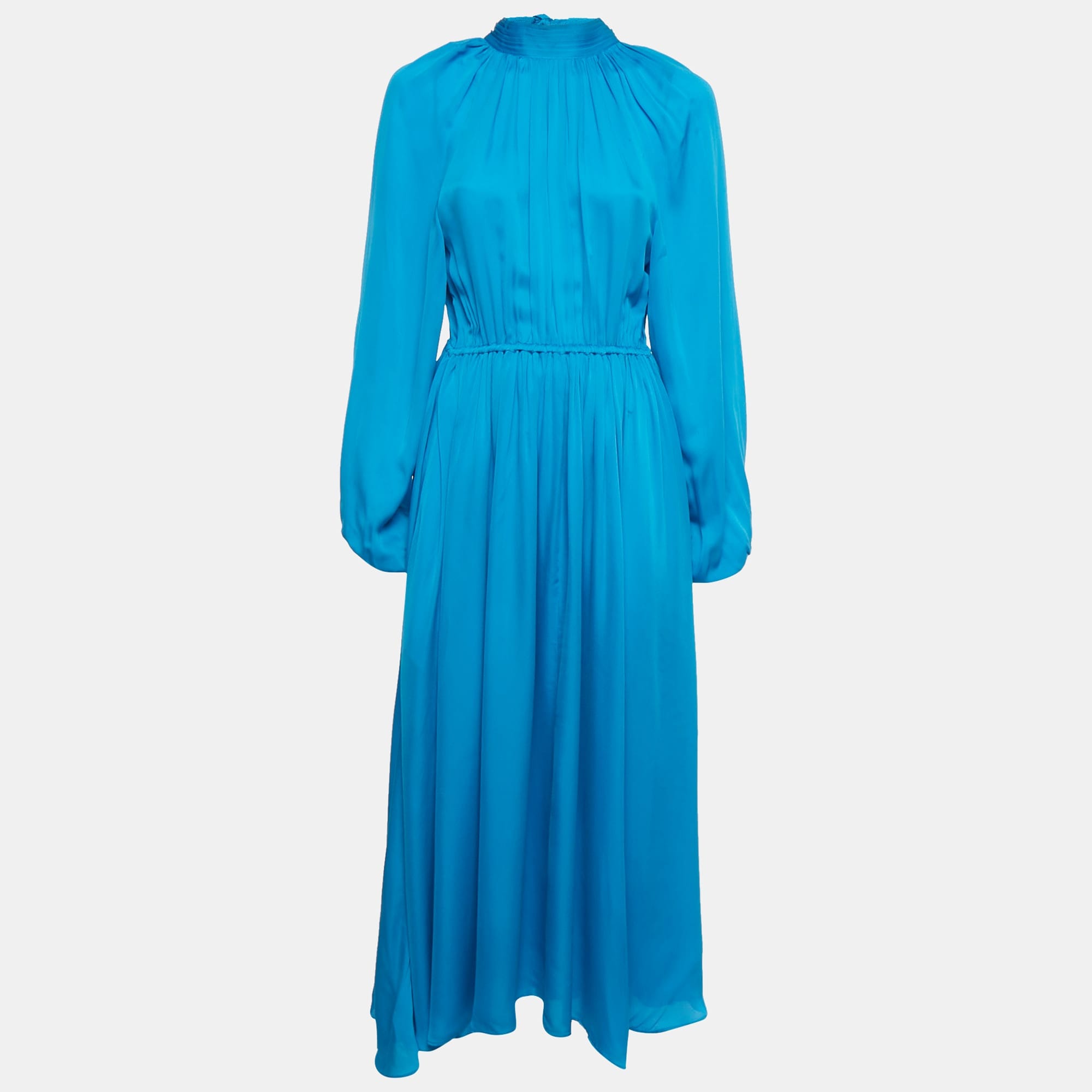 Blue Crepe Mock Neck Tie Up Midi Dress