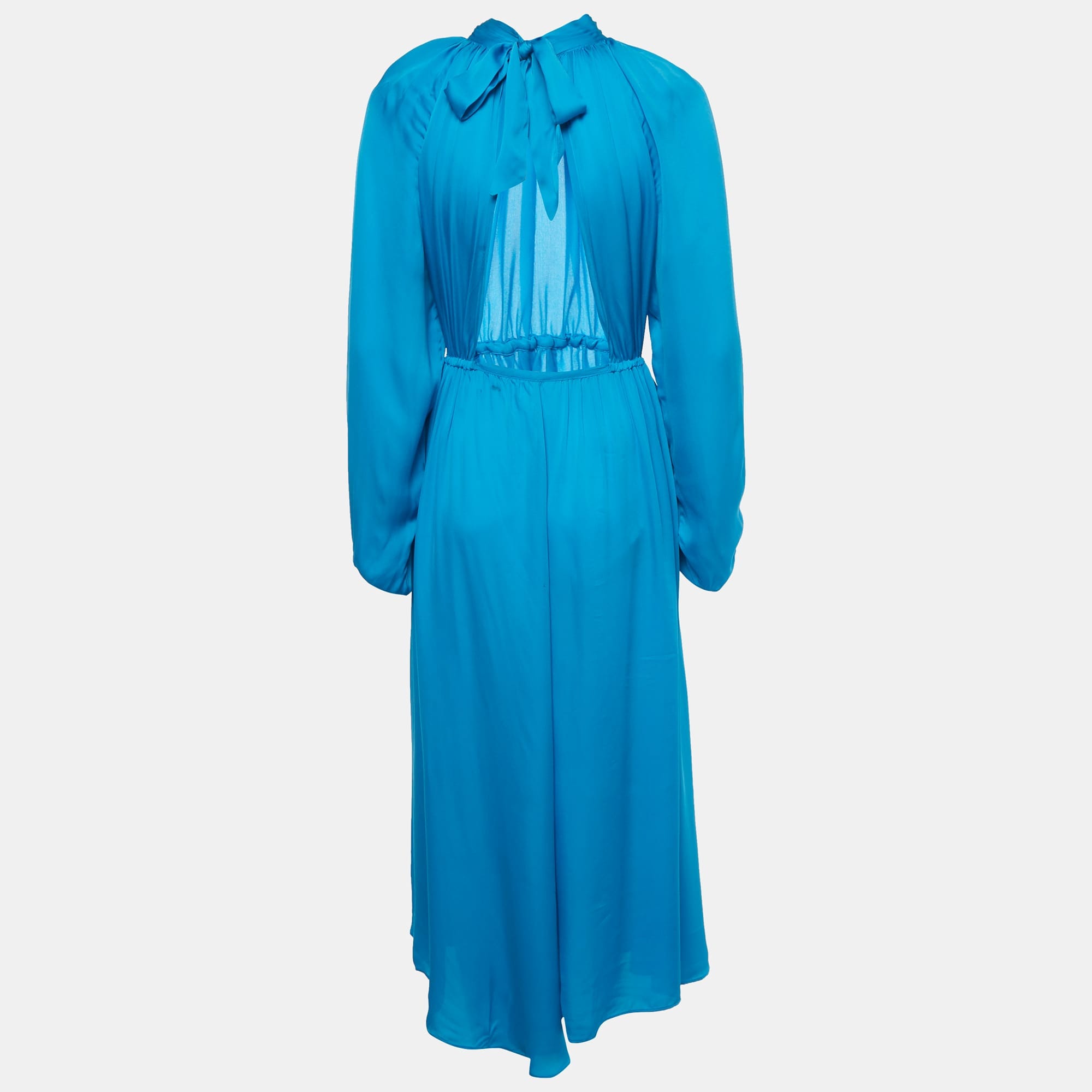 Blue Crepe Mock Neck Tie Up Midi Dress