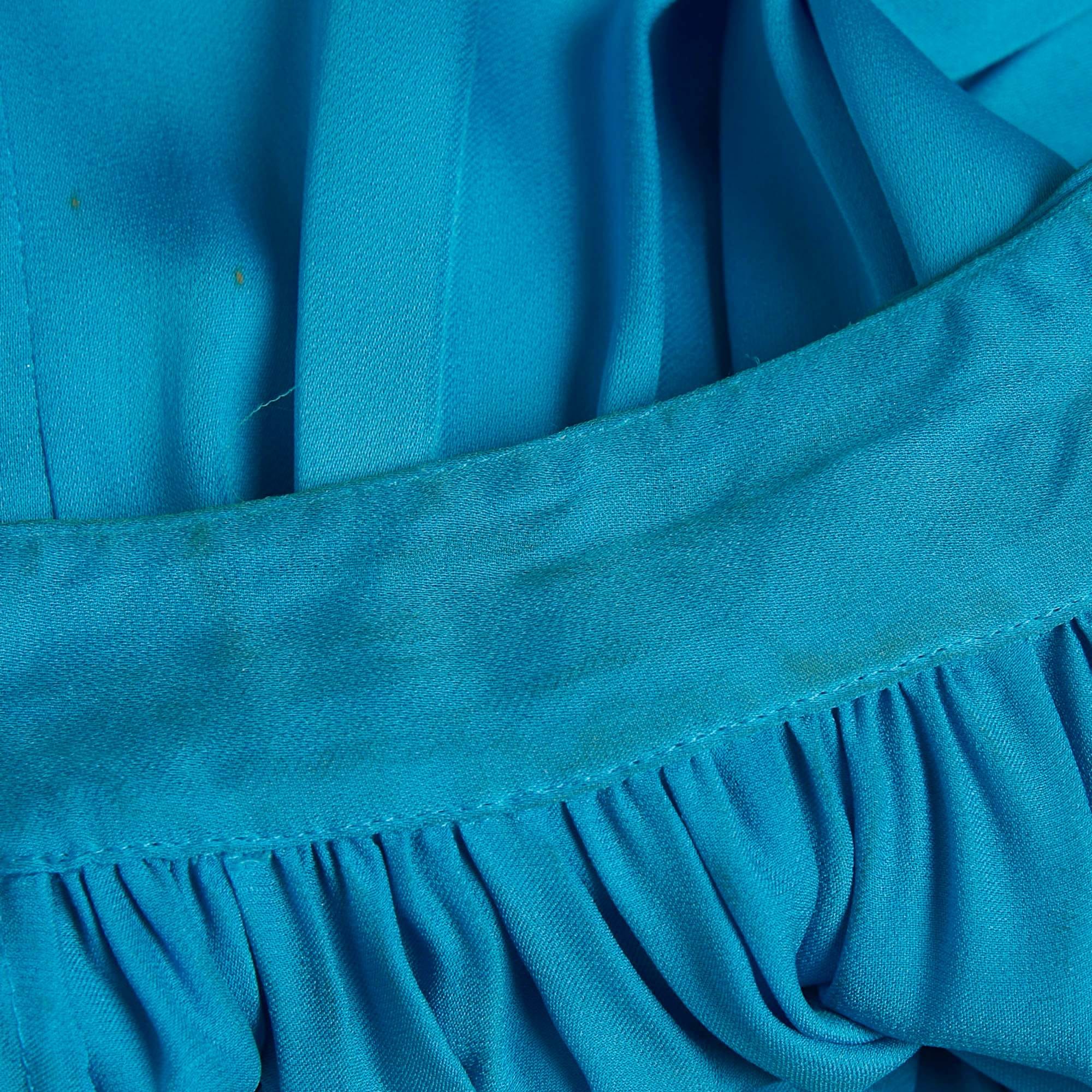 Blue Crepe Mock Neck Tie Up Midi Dress