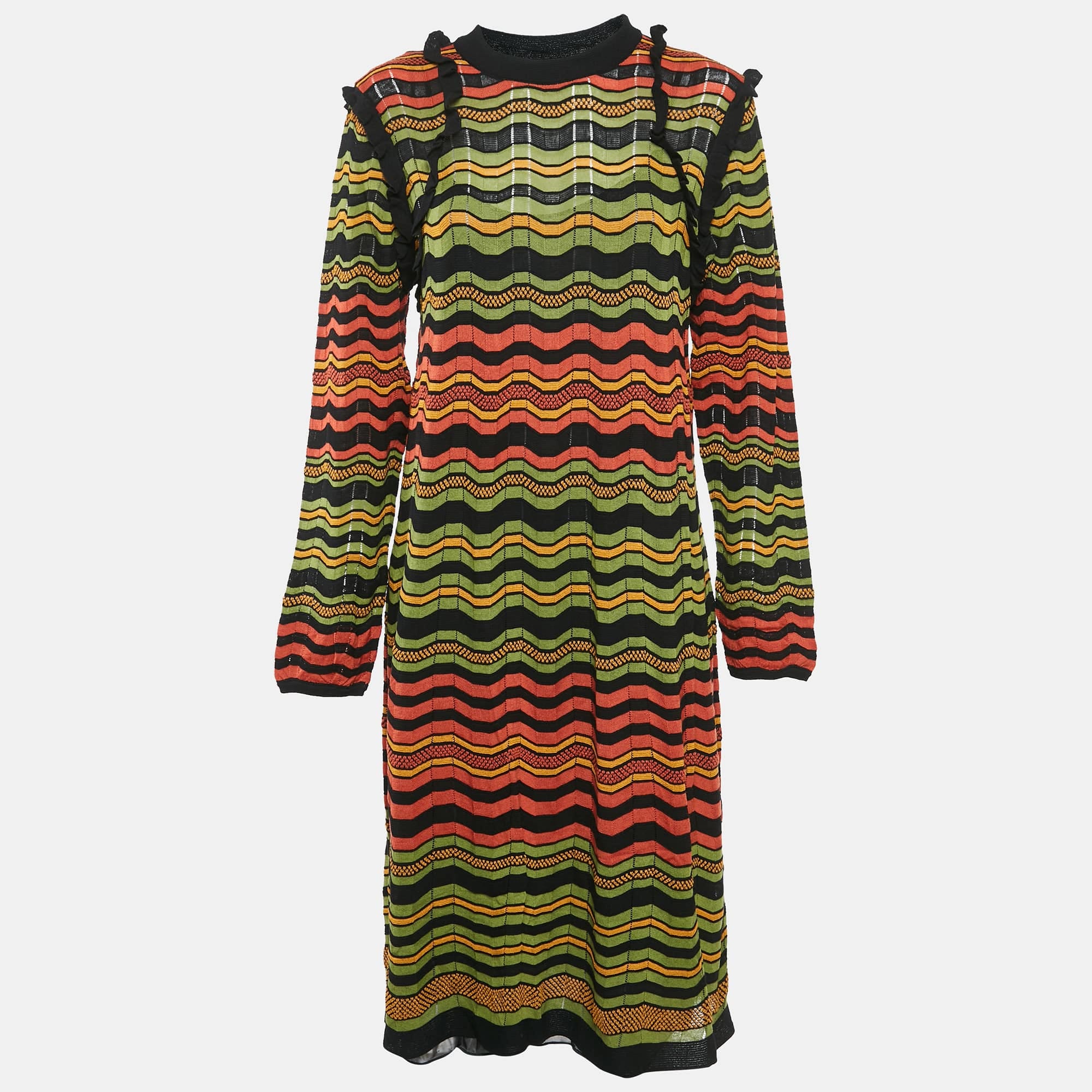 M Missoni Multicolor Patterned Knit Ruffled Midi Dress