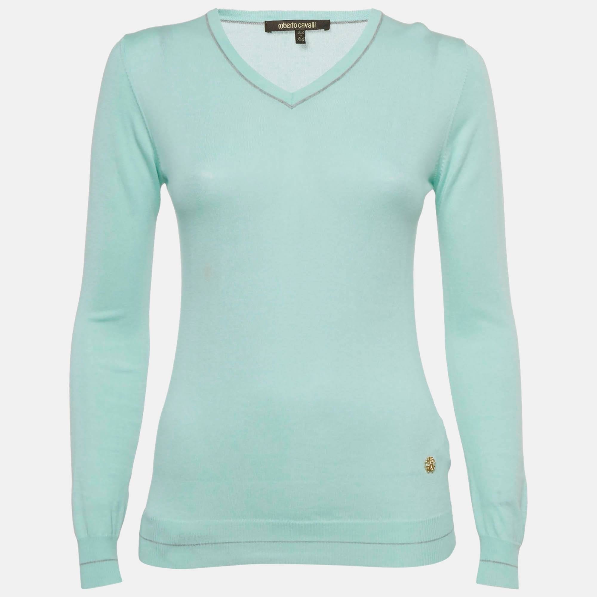 Blue Cotton Knit V - Neck Sweater