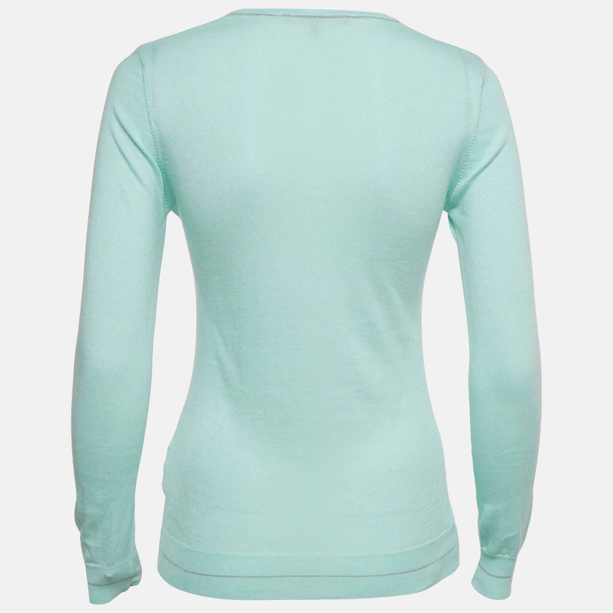 Blue Cotton Knit V - Neck Sweater
