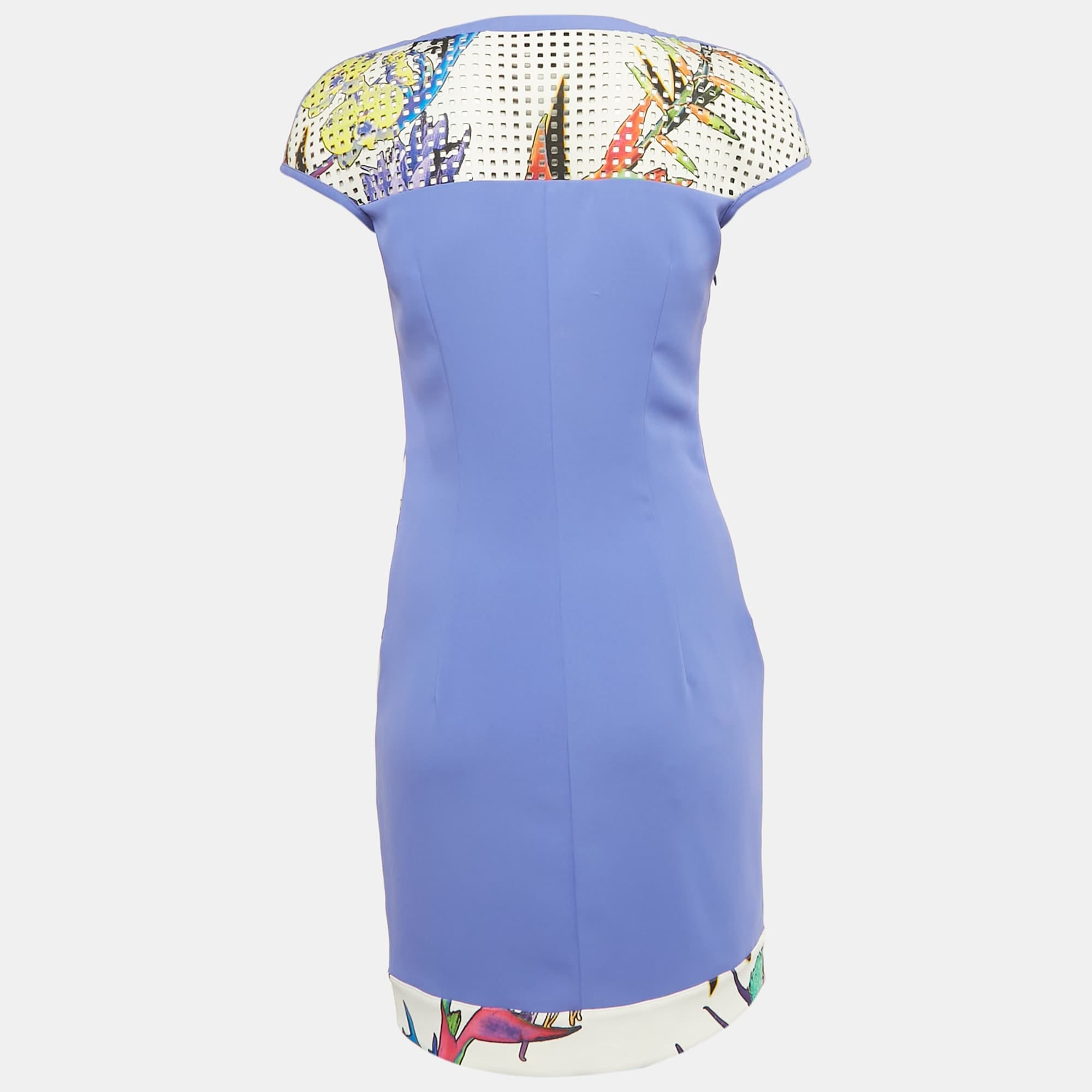 Purple Floral Print Crepe Perforated Detail Mini Dress
