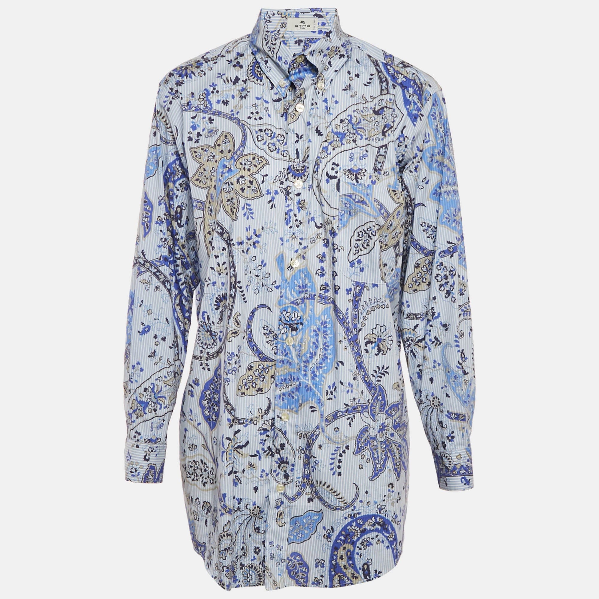 BLEND Etro Blue Printed Cotton Blend Button Front Shirt