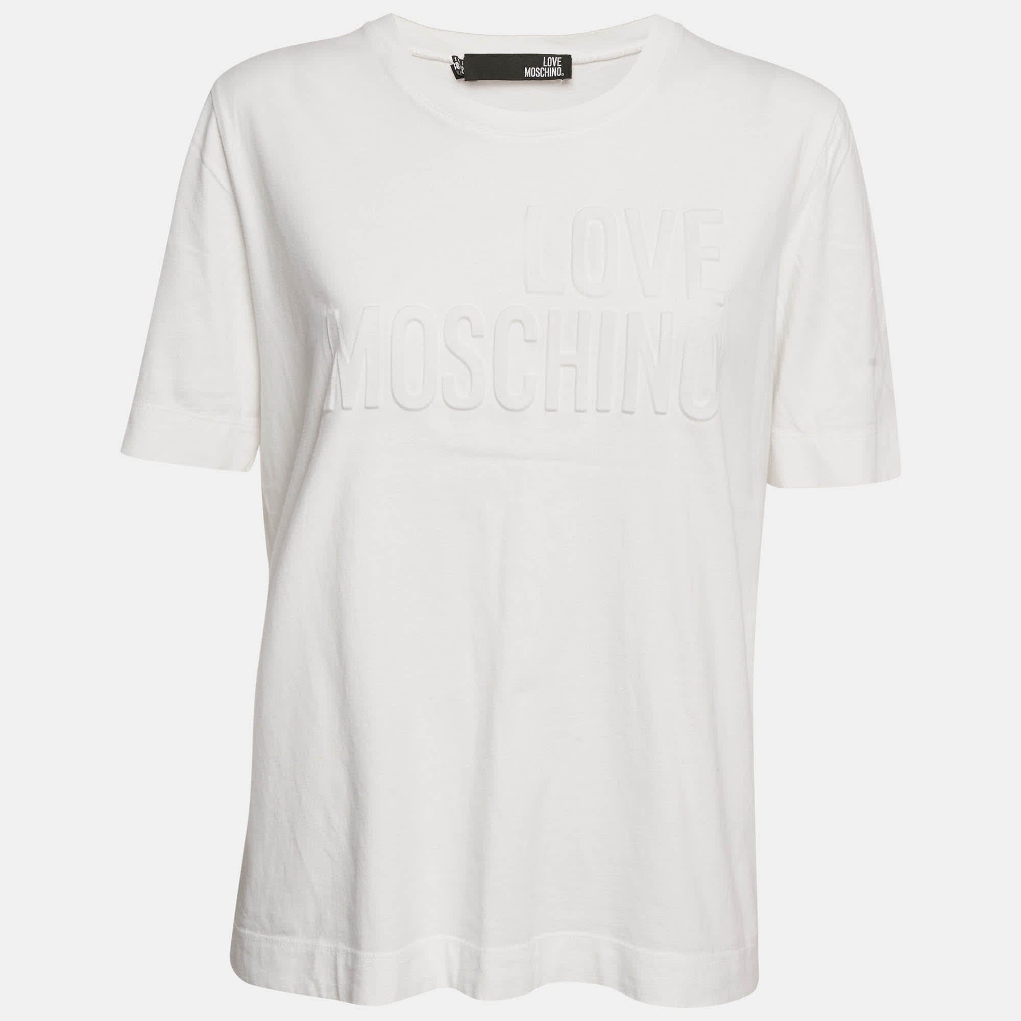White Logo Embossed Cotton Crew Neck T - Shirt