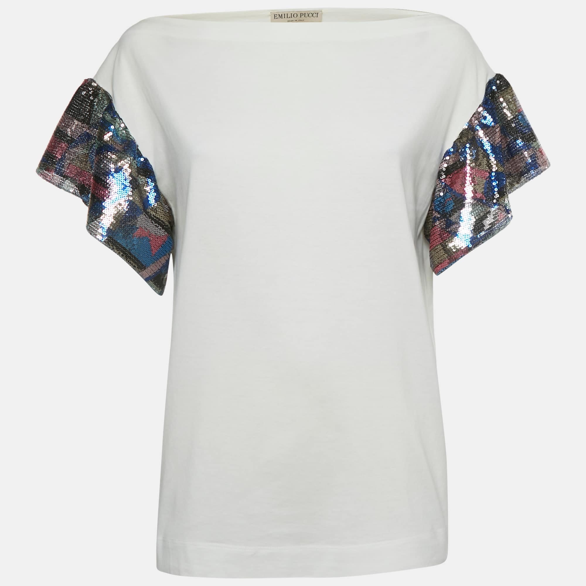 Emilio Pucci White Sequin Detail Cotton T - Shirt