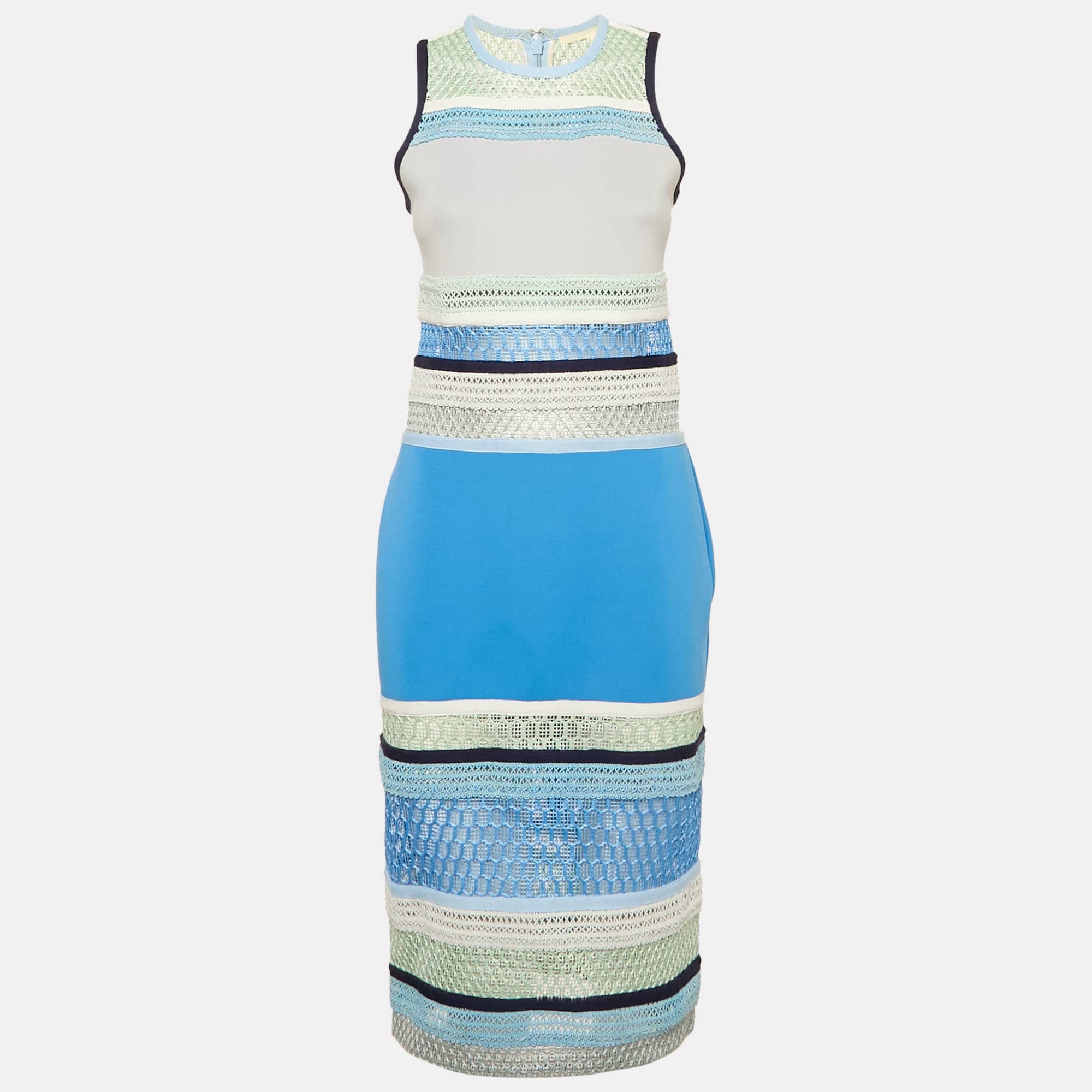 Blue Lace And Neoprene Sheath Dress