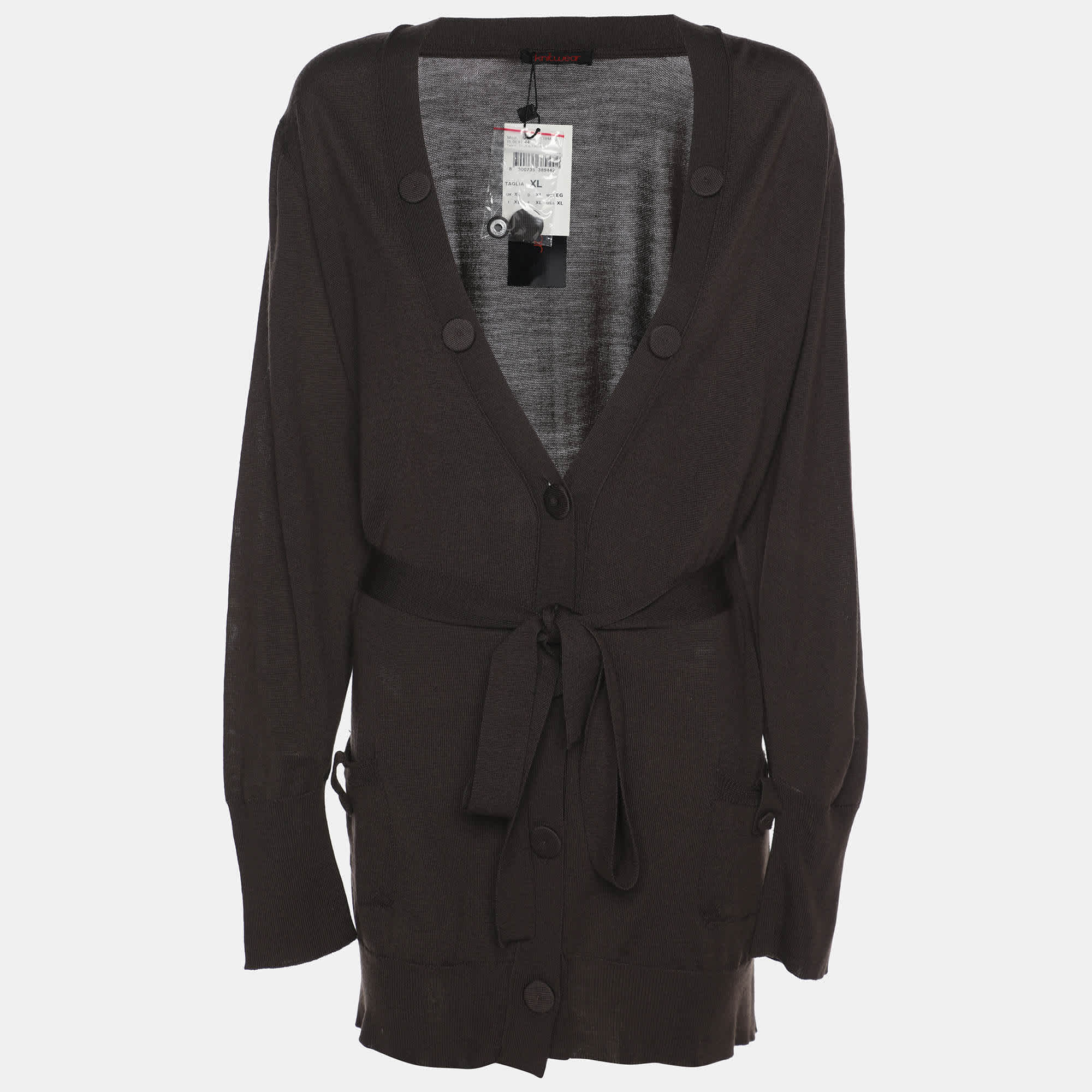 Elena Miro Brown Stretch Knit Belted Cardigan