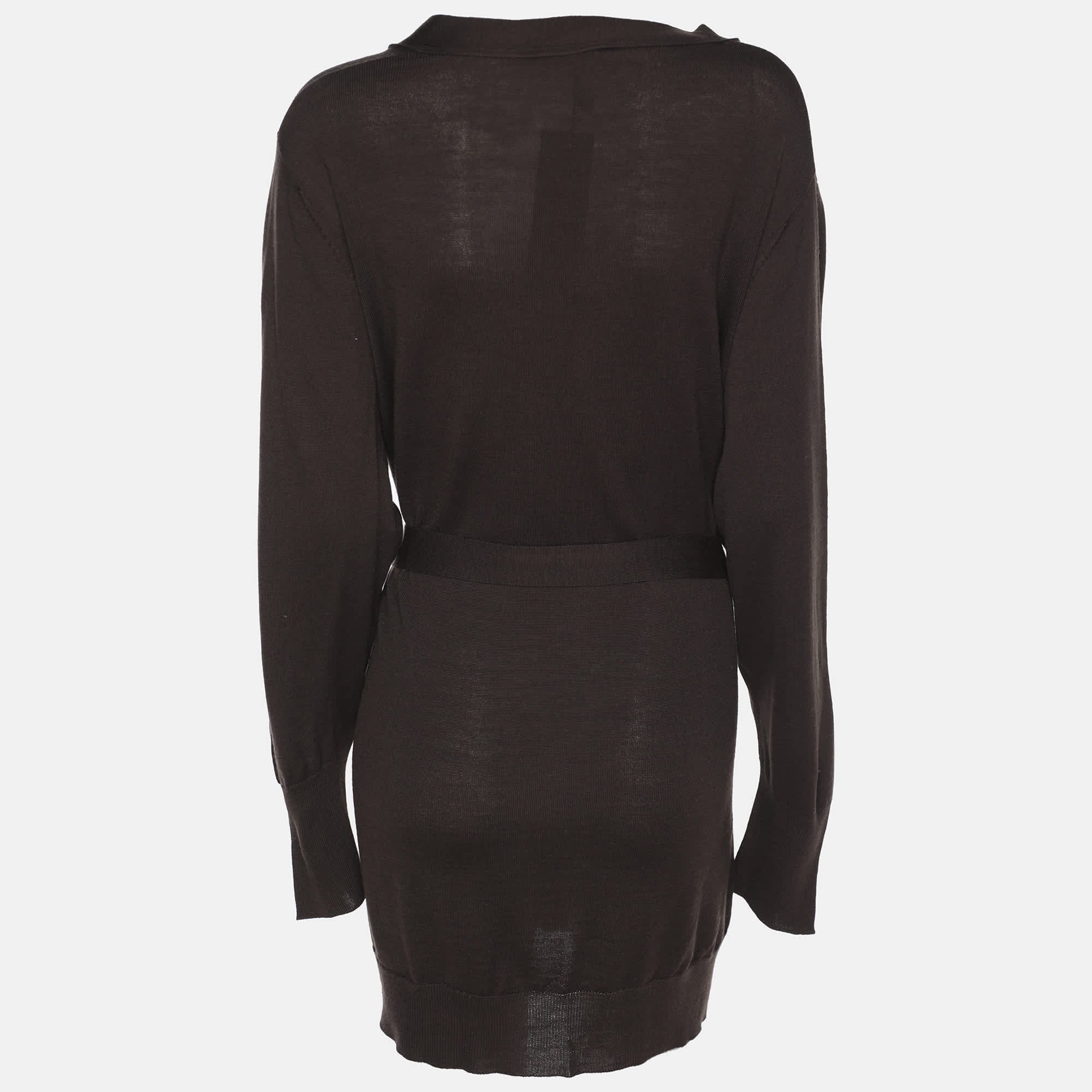 Elena Miro Brown Stretch Knit Belted Cardigan