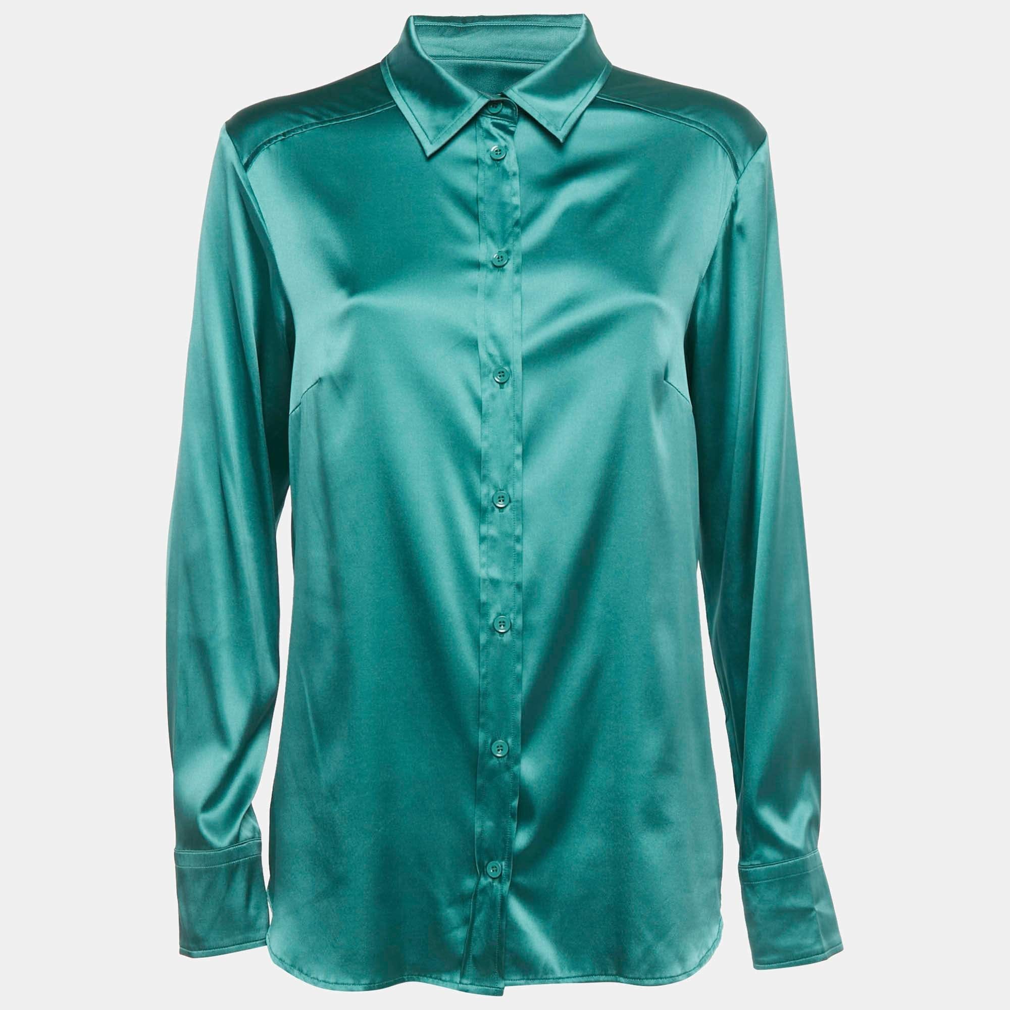 SILK Green Silk Satin Full Sleeve Button Front Shirt