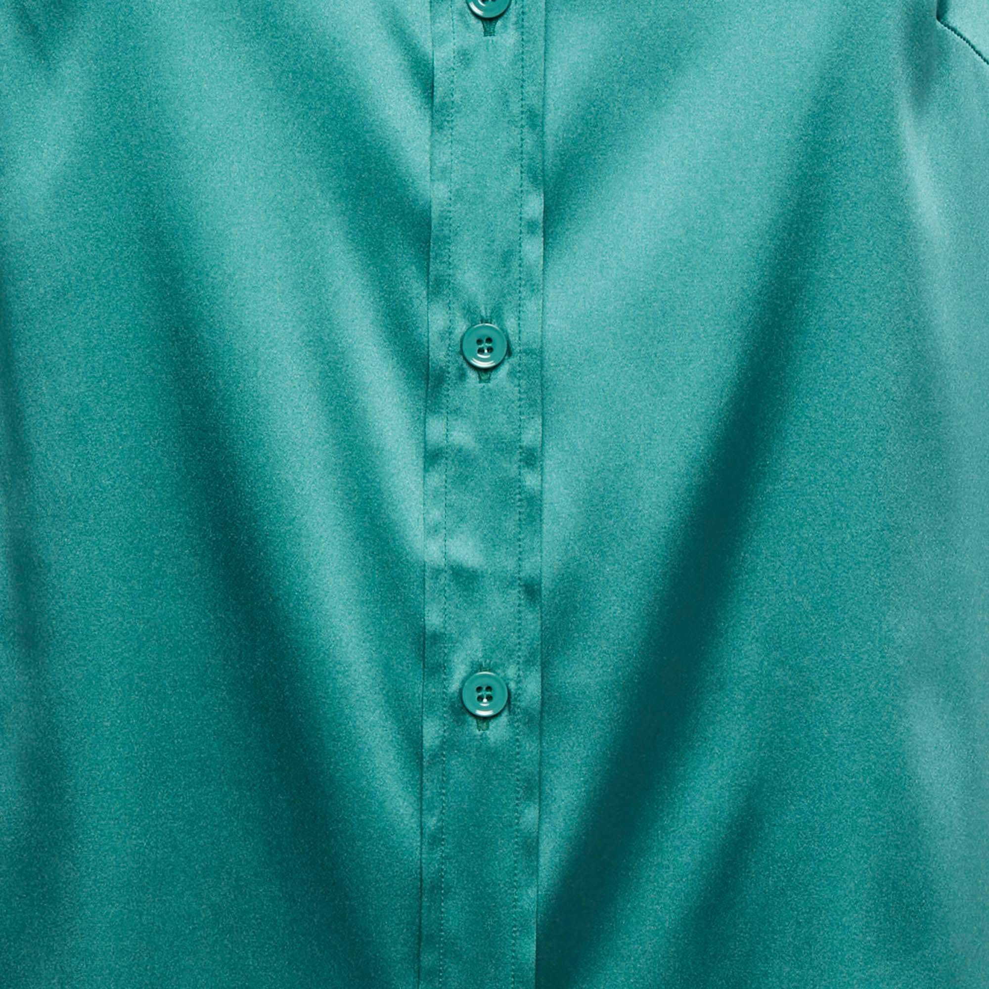 SILK Green Silk Satin Full Sleeve Button Front Shirt