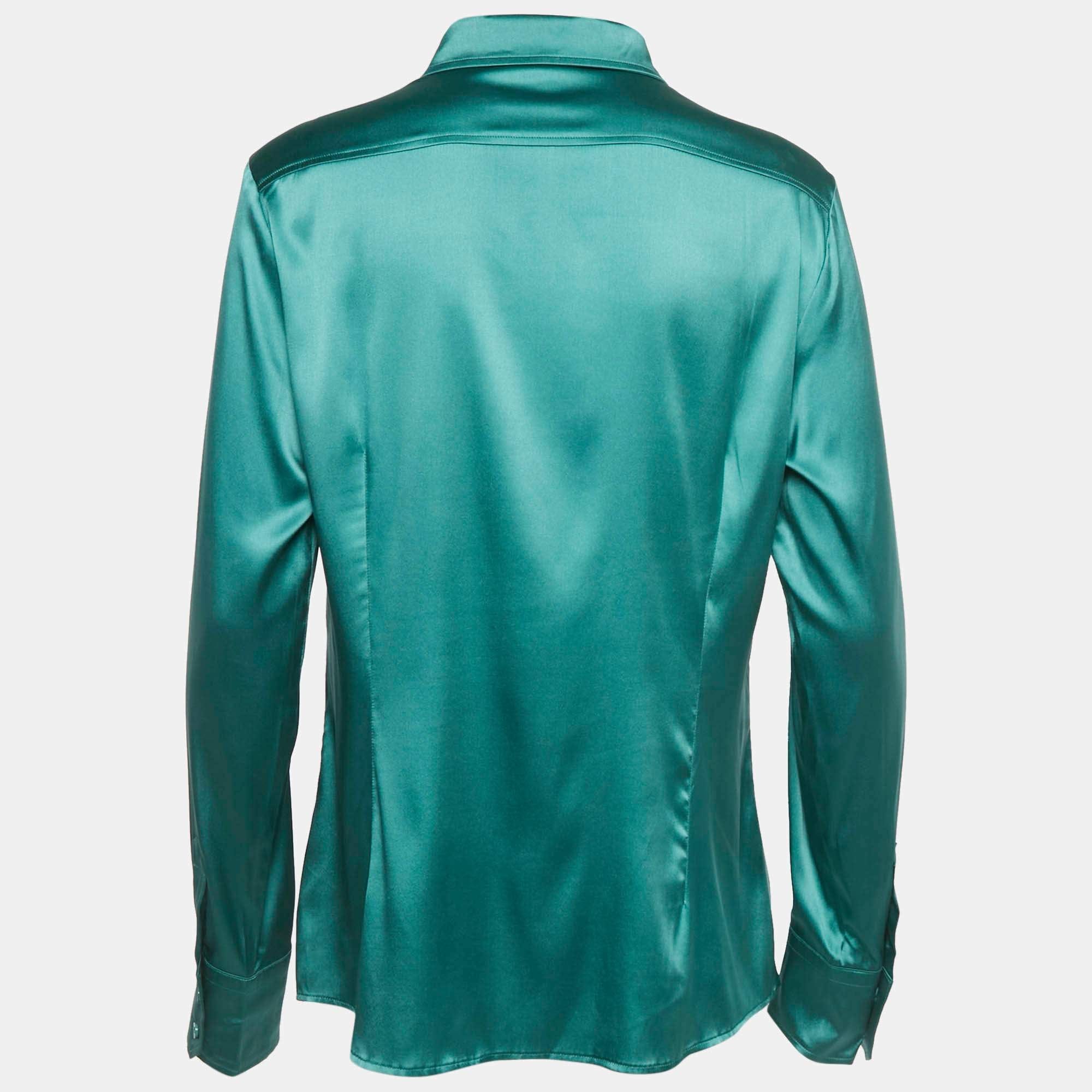 SILK Green Silk Satin Full Sleeve Button Front Shirt