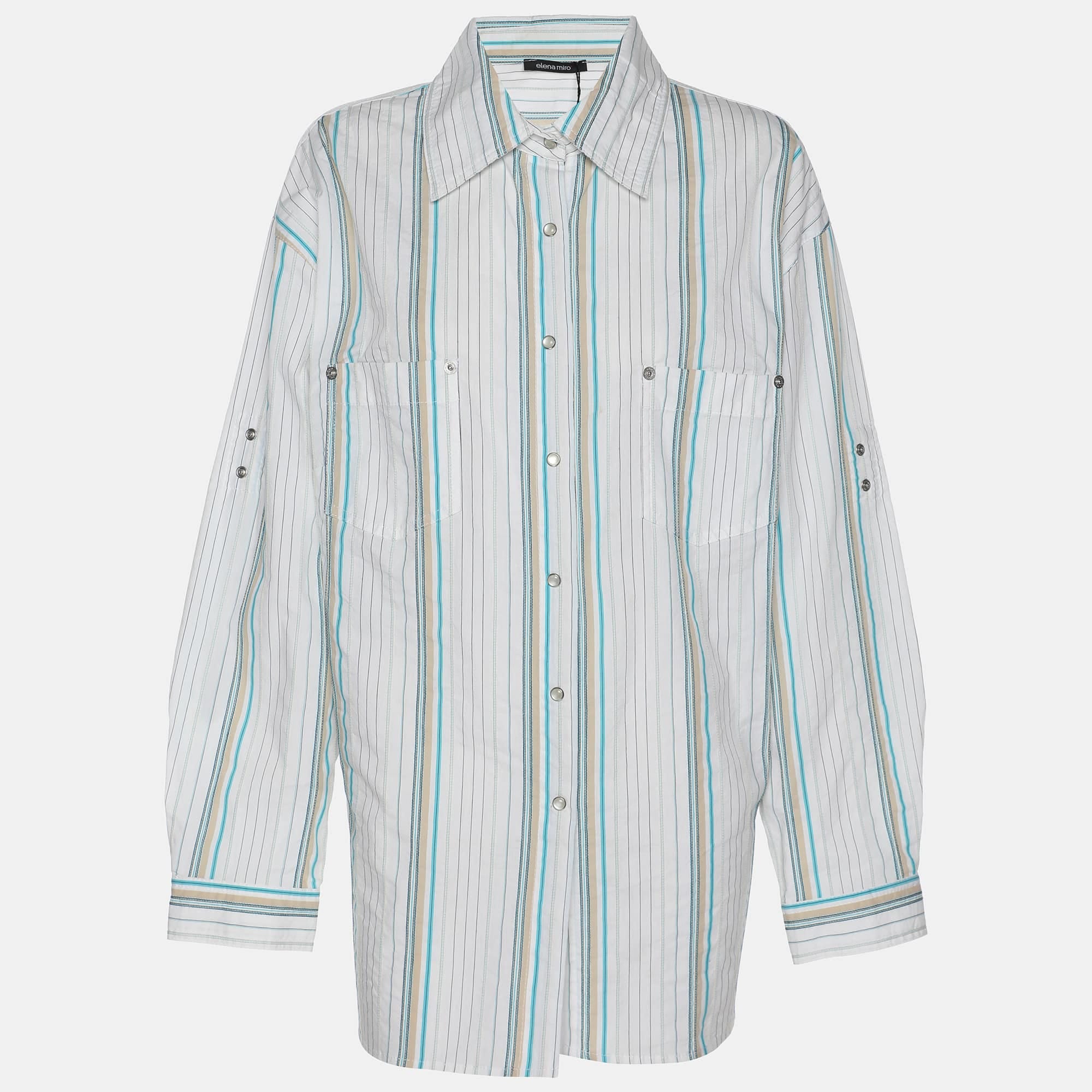White Striped Cotton Button Front Shirt Xl