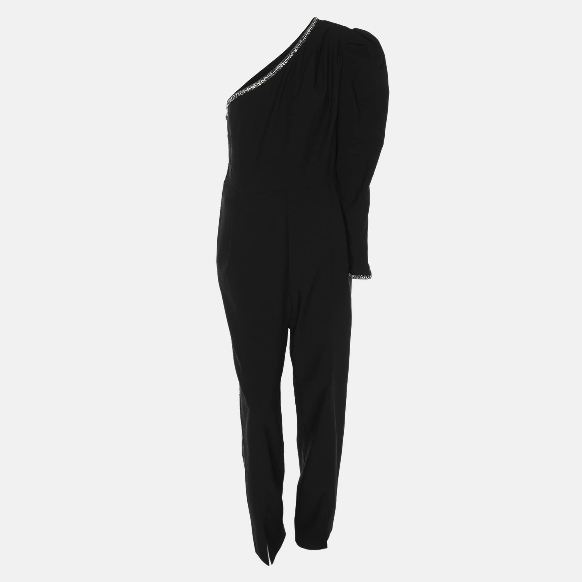 ONE Black Stretch Crepe Crystal Embellished One Shoulder Jumpsuit