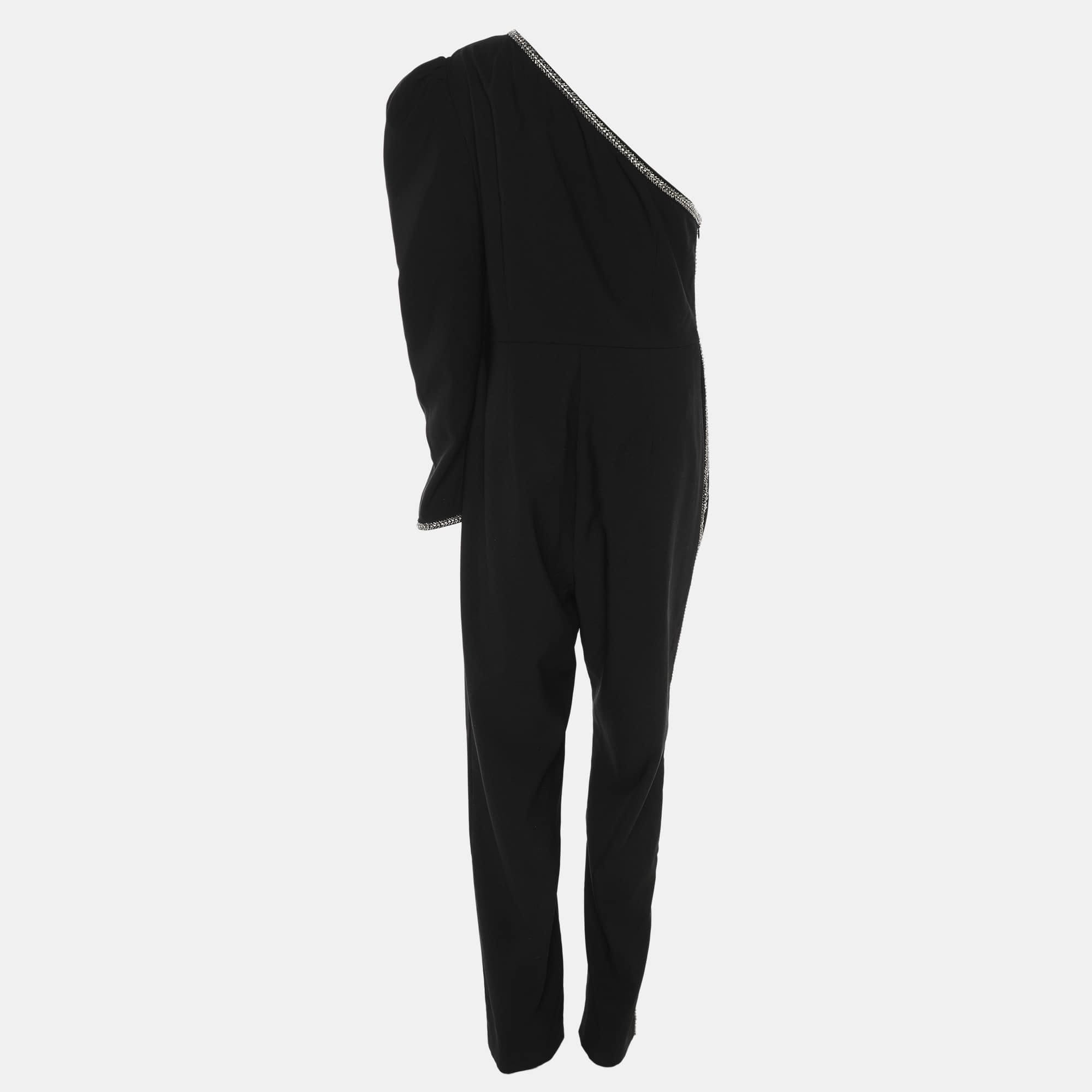 ONE Black Stretch Crepe Crystal Embellished One Shoulder Jumpsuit