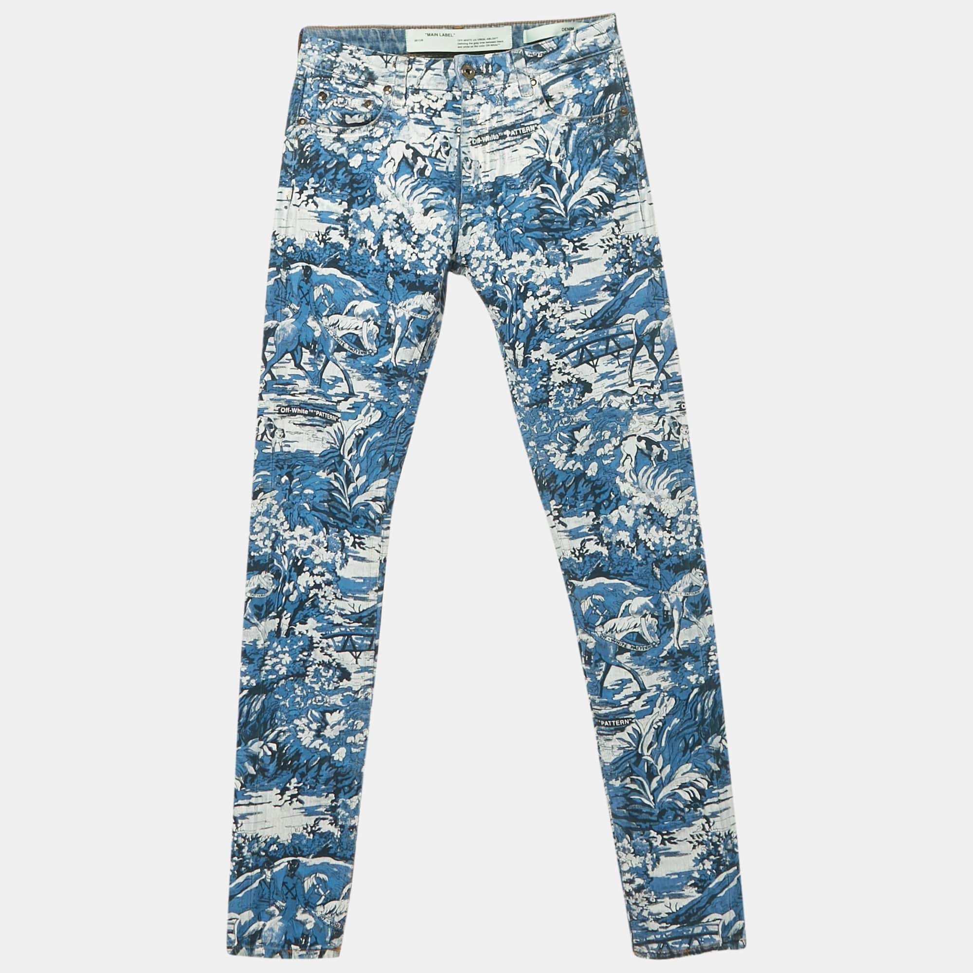 Blue Printed Denim Tapestry Skinny Jeans S Waist 26"