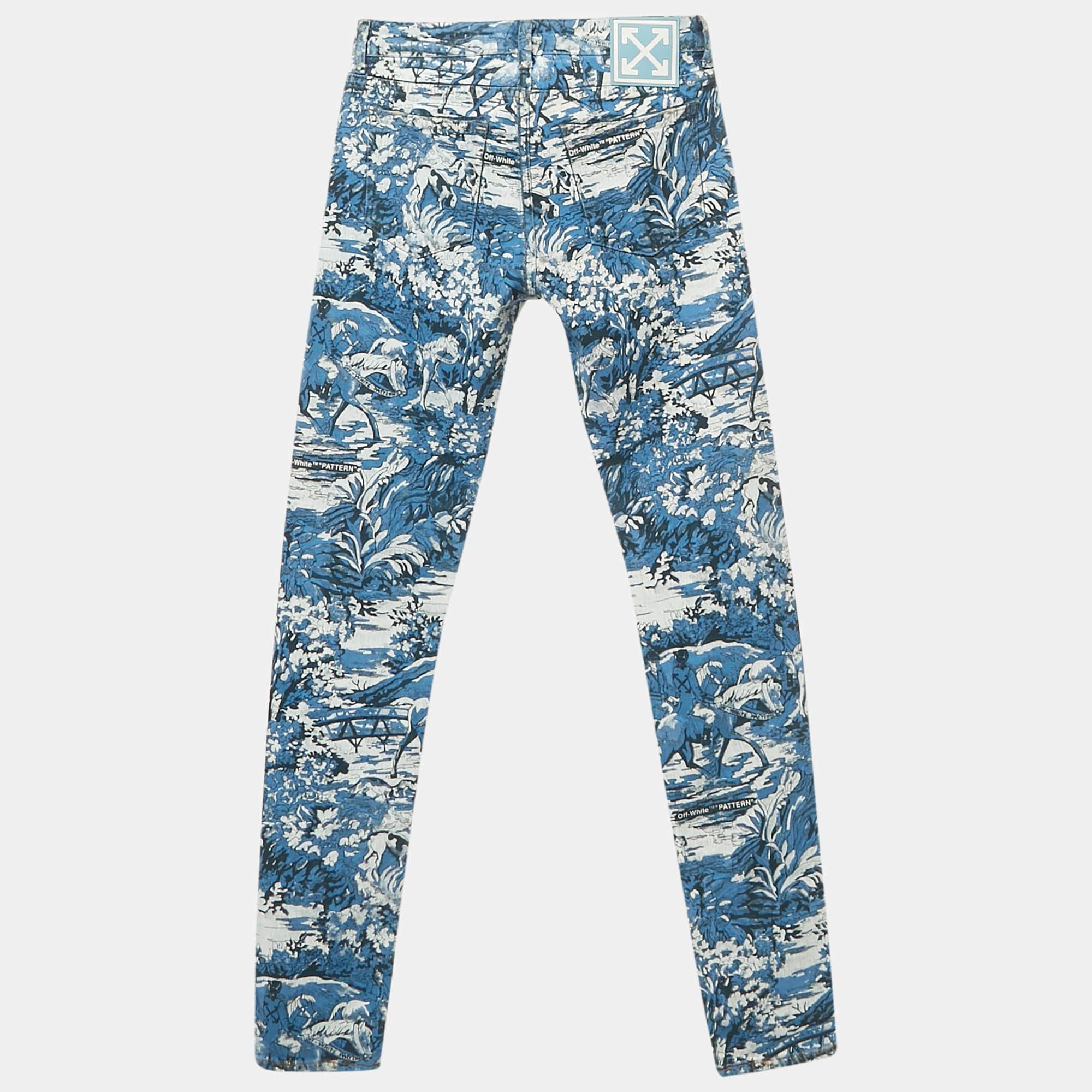 Blue Printed Denim Tapestry Skinny Jeans S Waist 26"