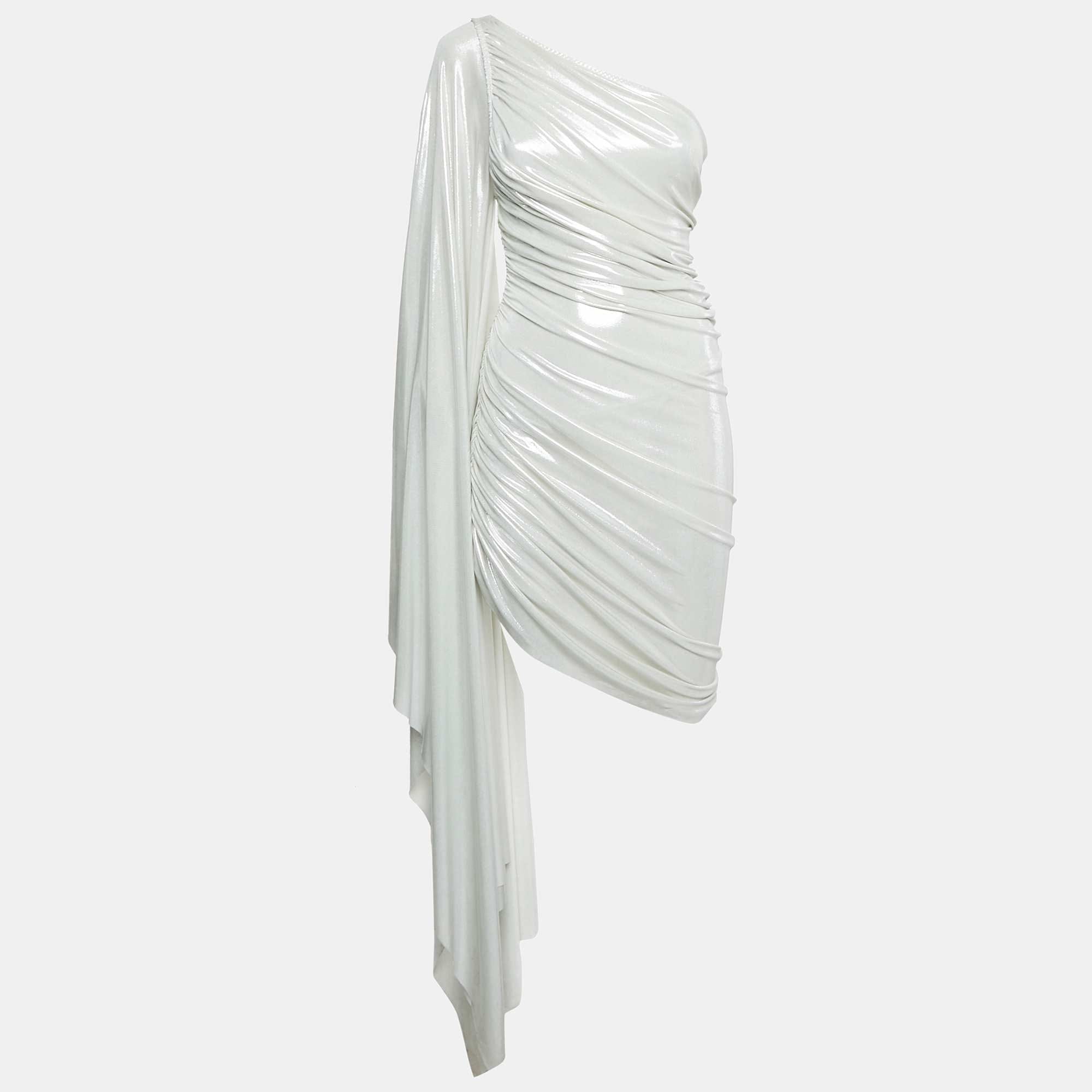 ONE Silver Lamé Jersey Long One Shoulder Ruched Mini Dress Xxs