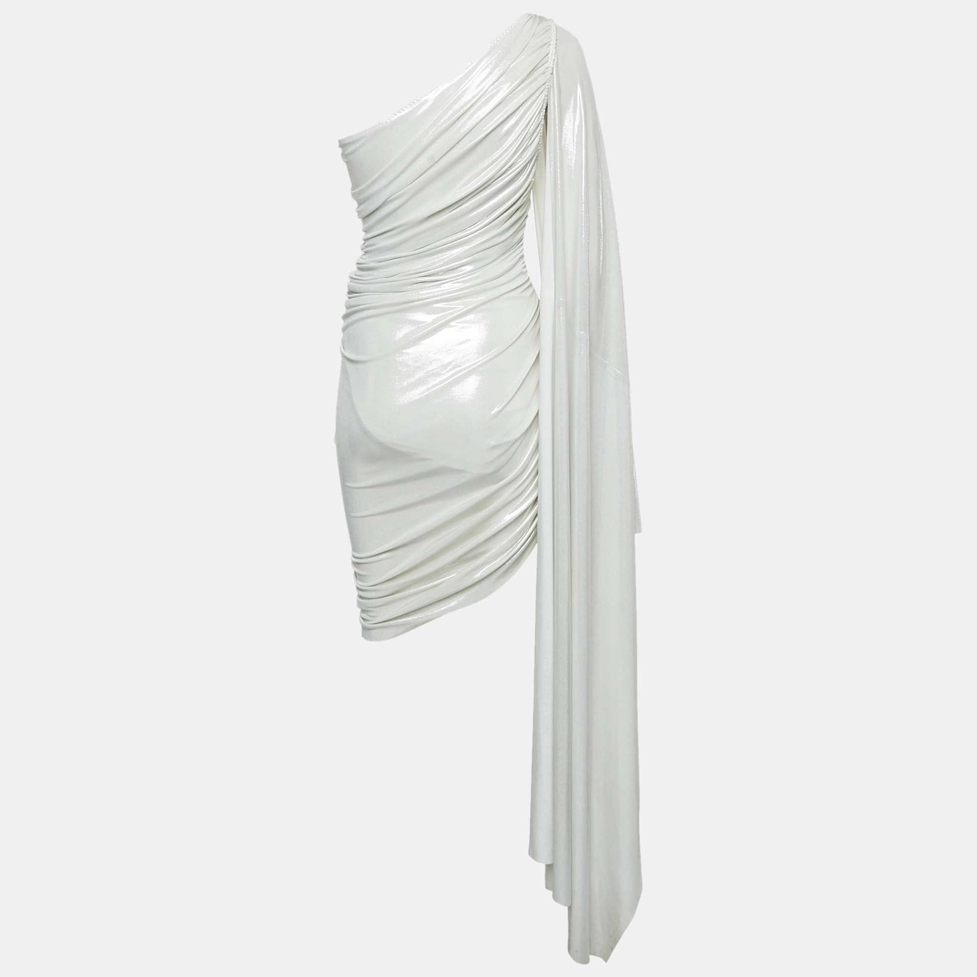ONE Silver Lamé Jersey Long One Shoulder Ruched Mini Dress Xxs
