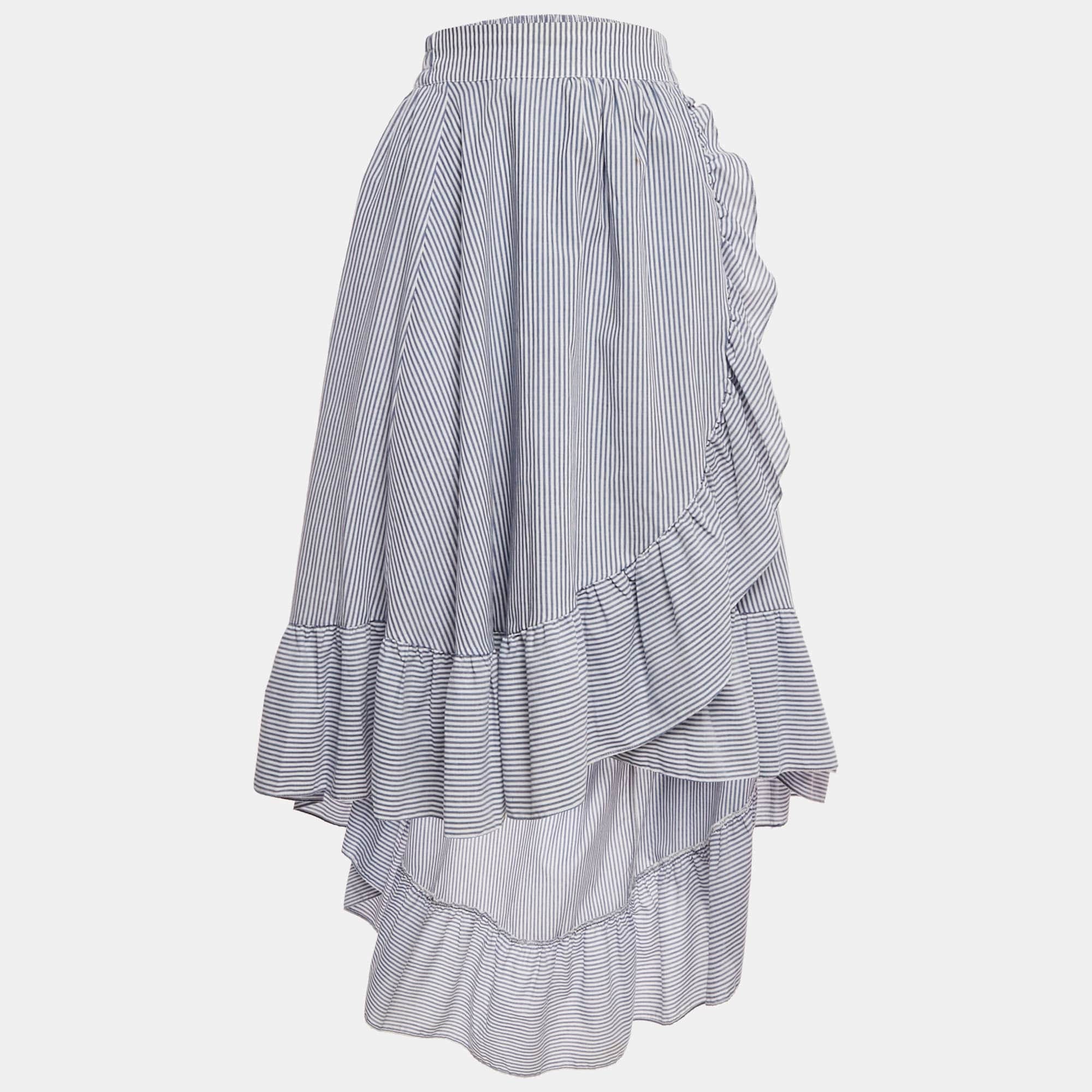 WHITE* Maje White/blue Striped Cotton Blend Asymmetric John Skirt