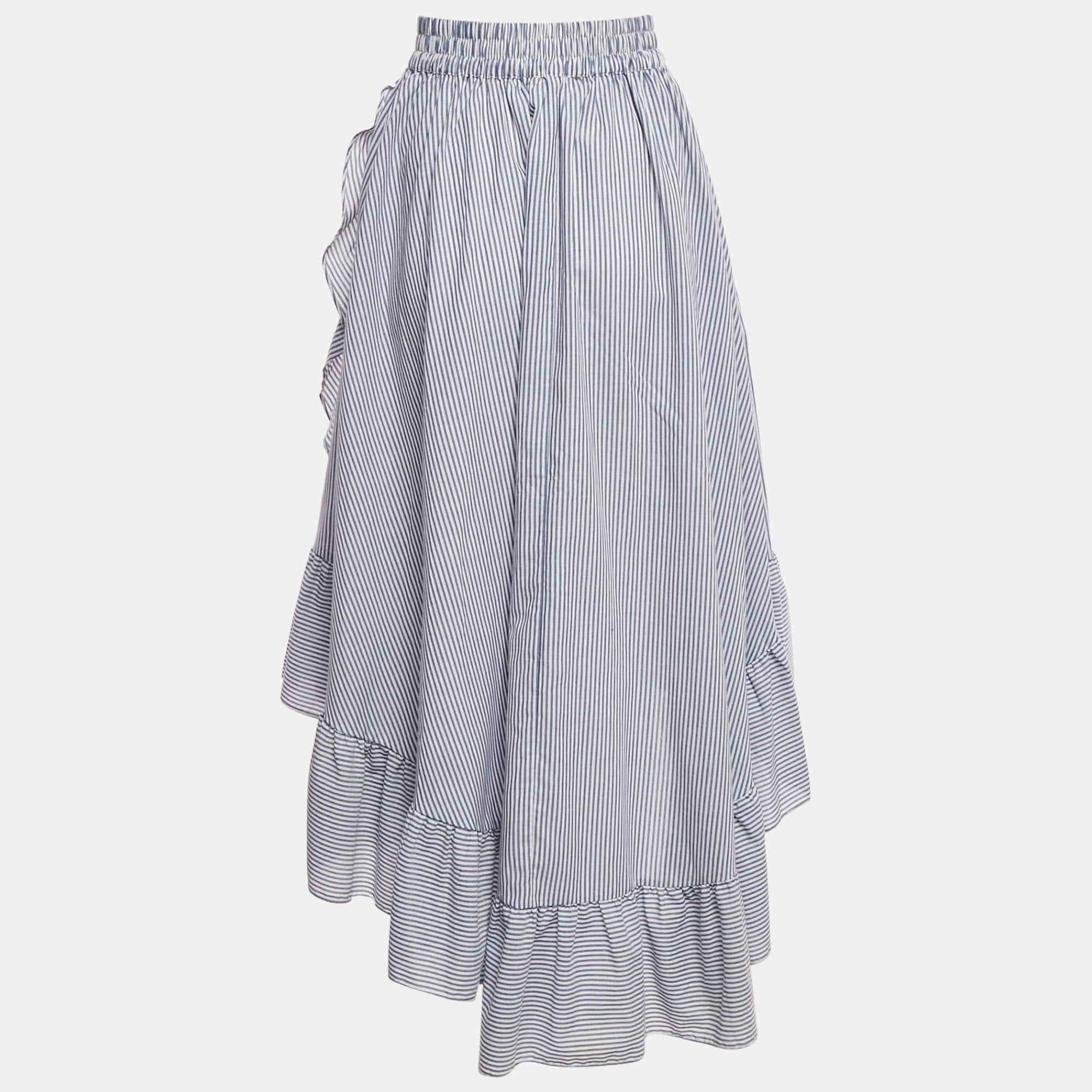 WHITE* Maje White/blue Striped Cotton Blend Asymmetric John Skirt