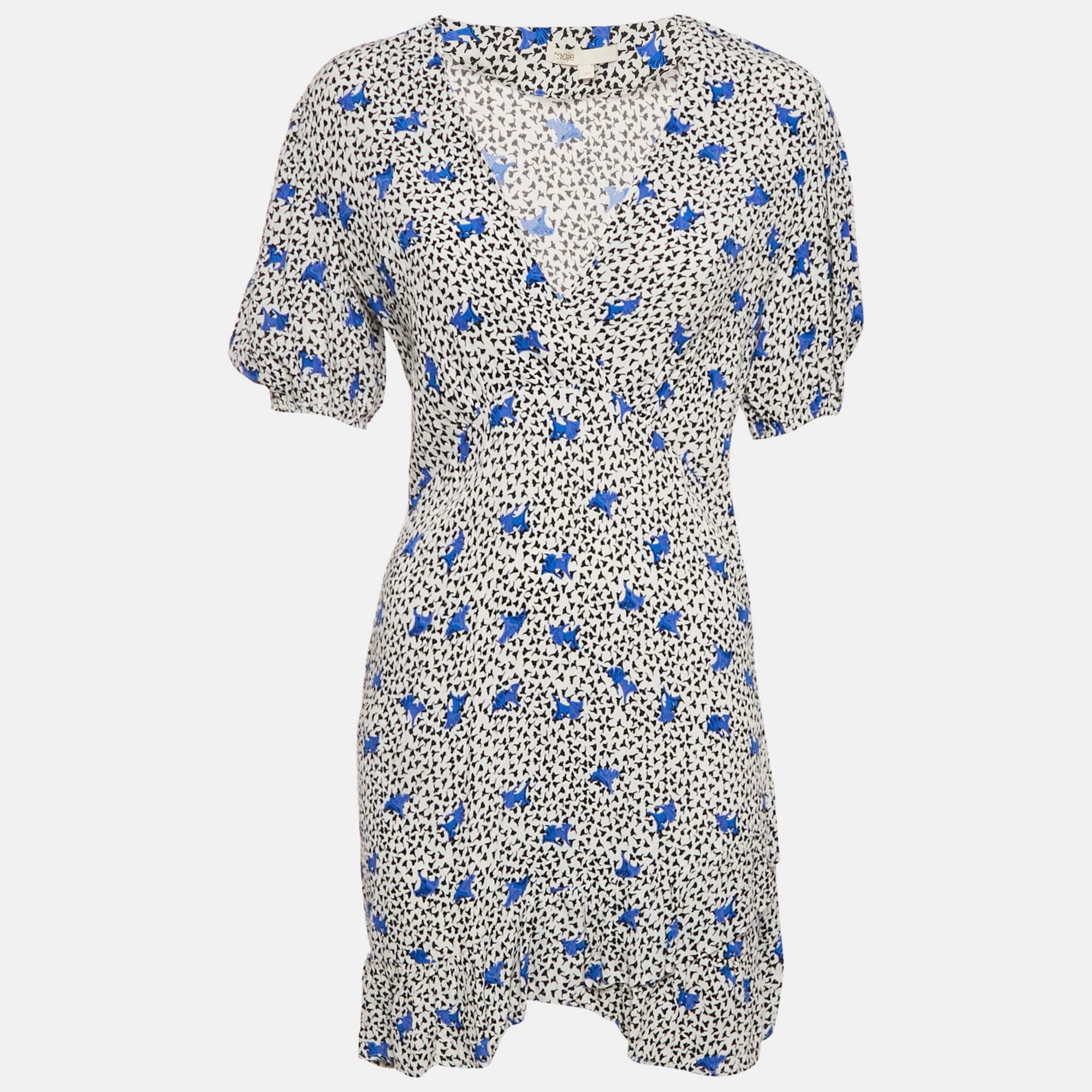 White Floral Print Crepe Asymmetric Ruffled Mini Dress