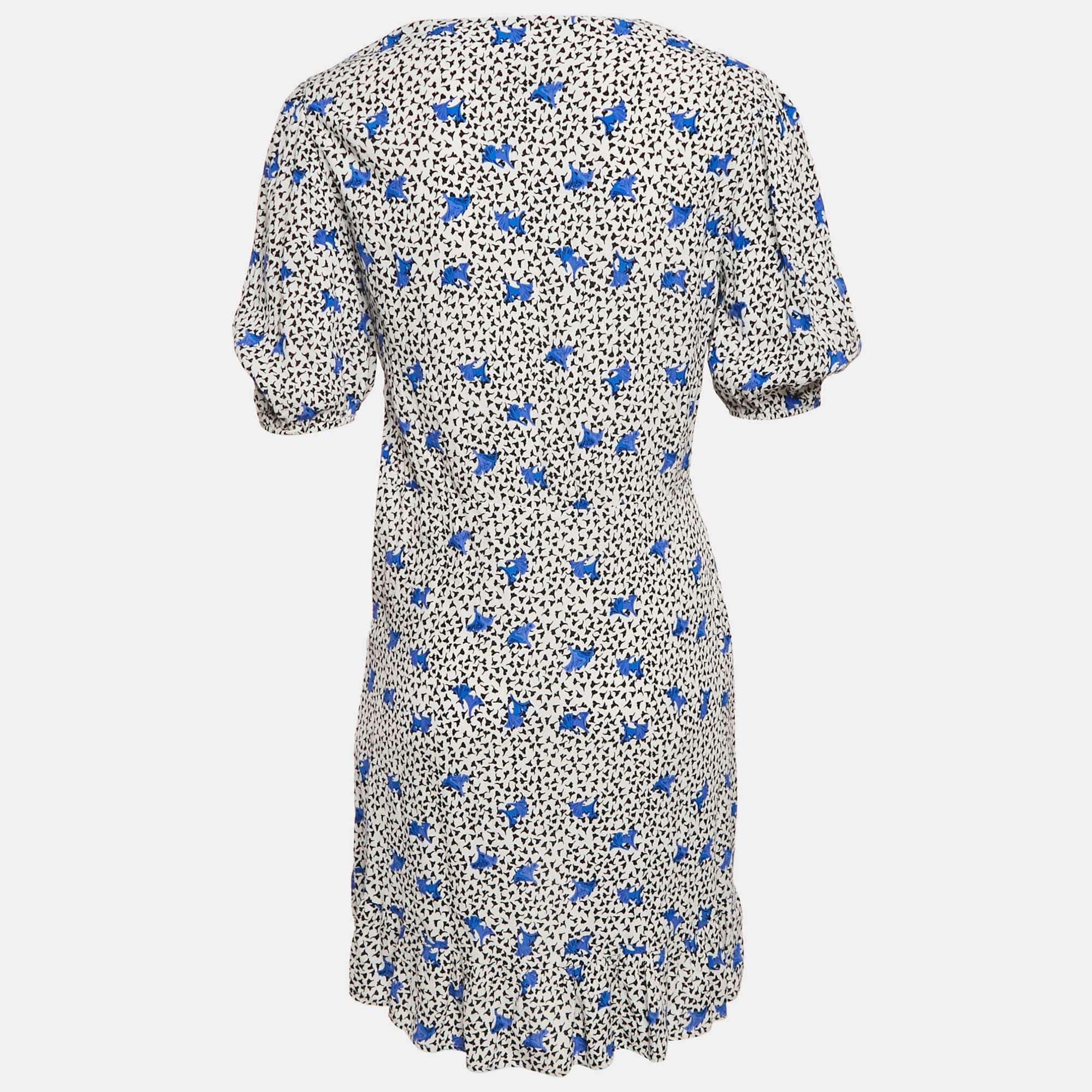 White Floral Print Crepe Asymmetric Ruffled Mini Dress