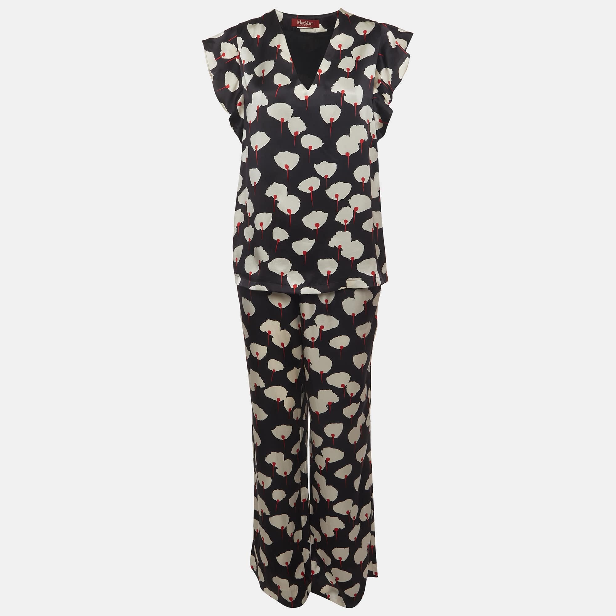 Max Mara Studio Black Floral Print Silk Pants And Top Set