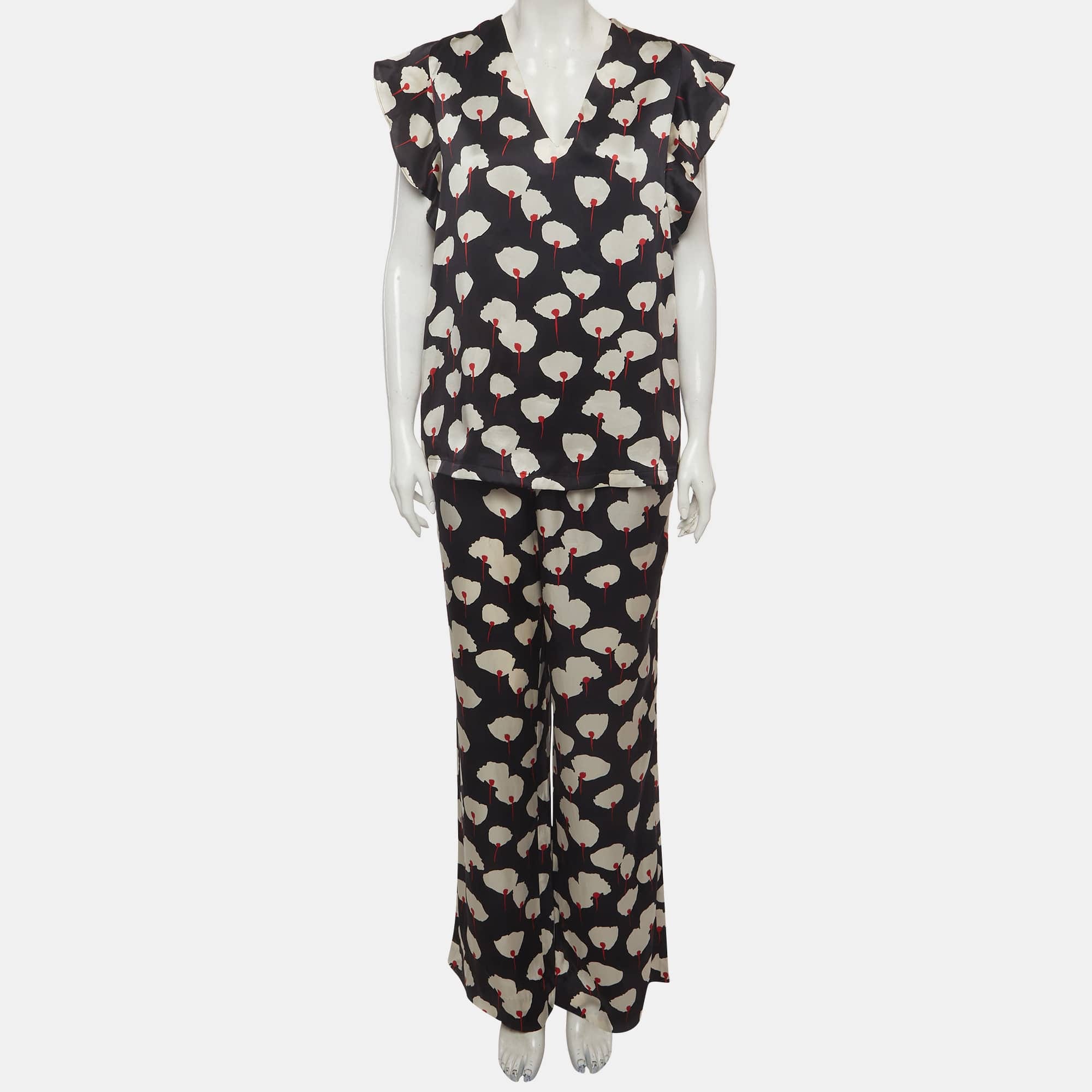 Max Mara Studio Black Floral Print Silk Pants And Top Set