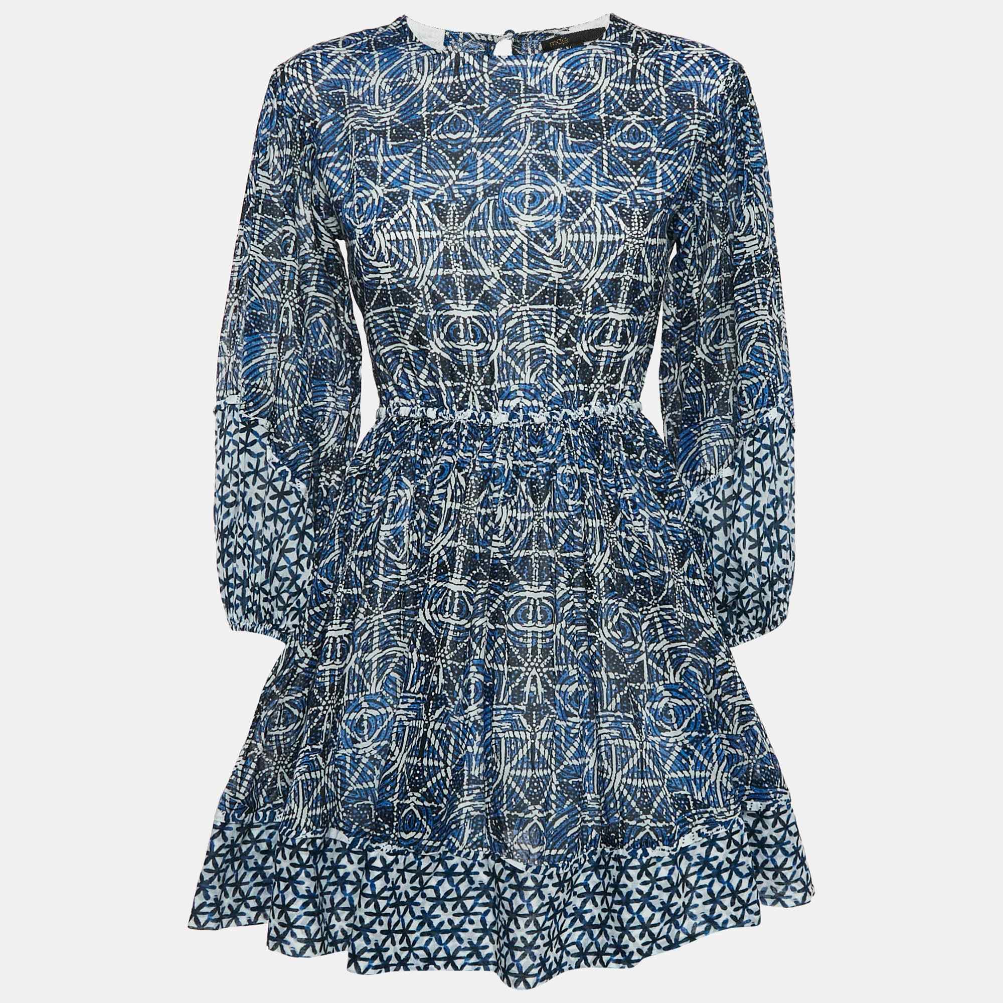 Blue Printed Cotton Cut - Out Mini Dress