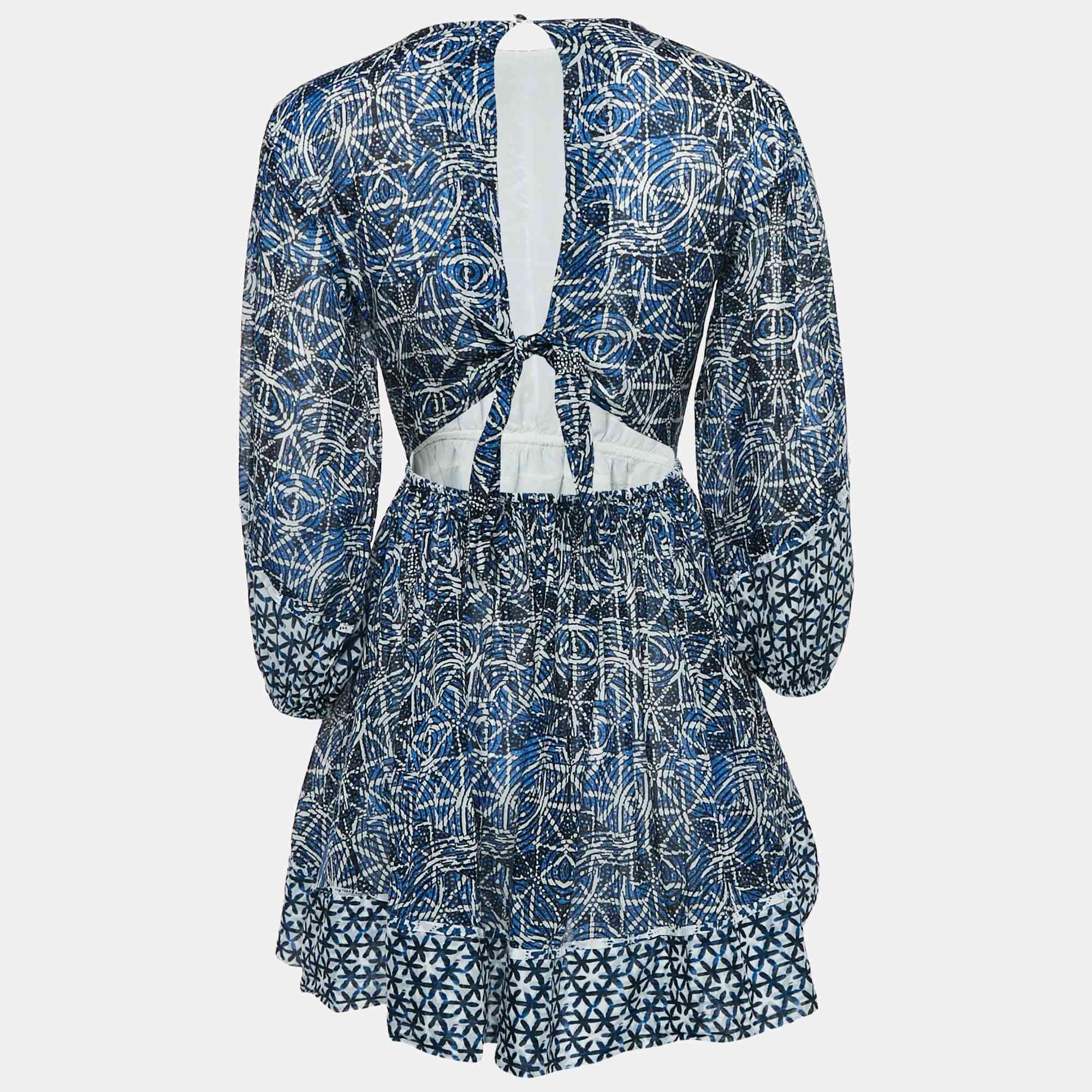 Blue Printed Cotton Cut - Out Mini Dress