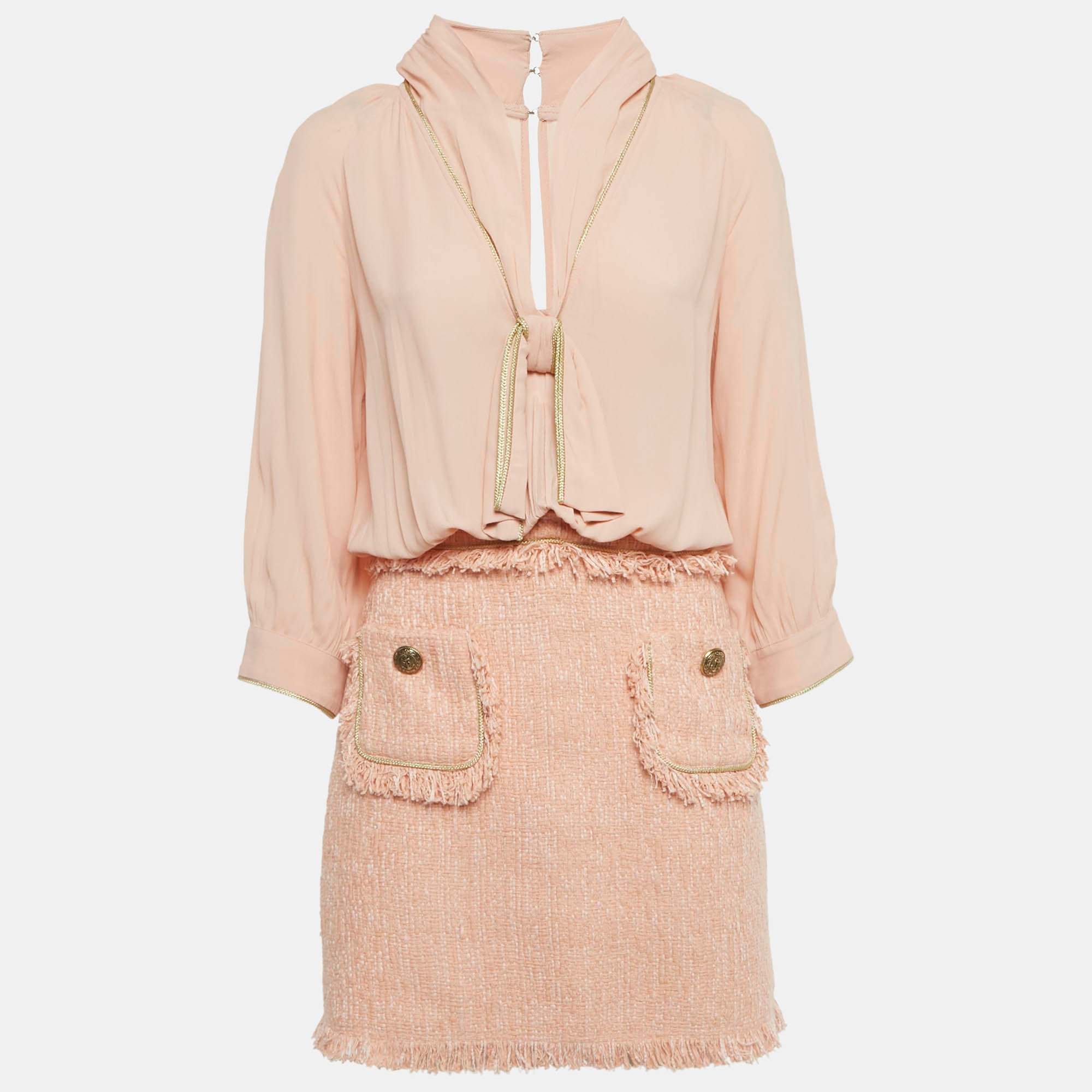And Light Orange/ Peach Crepe And Tweed Detachable Blouse Mini Dress