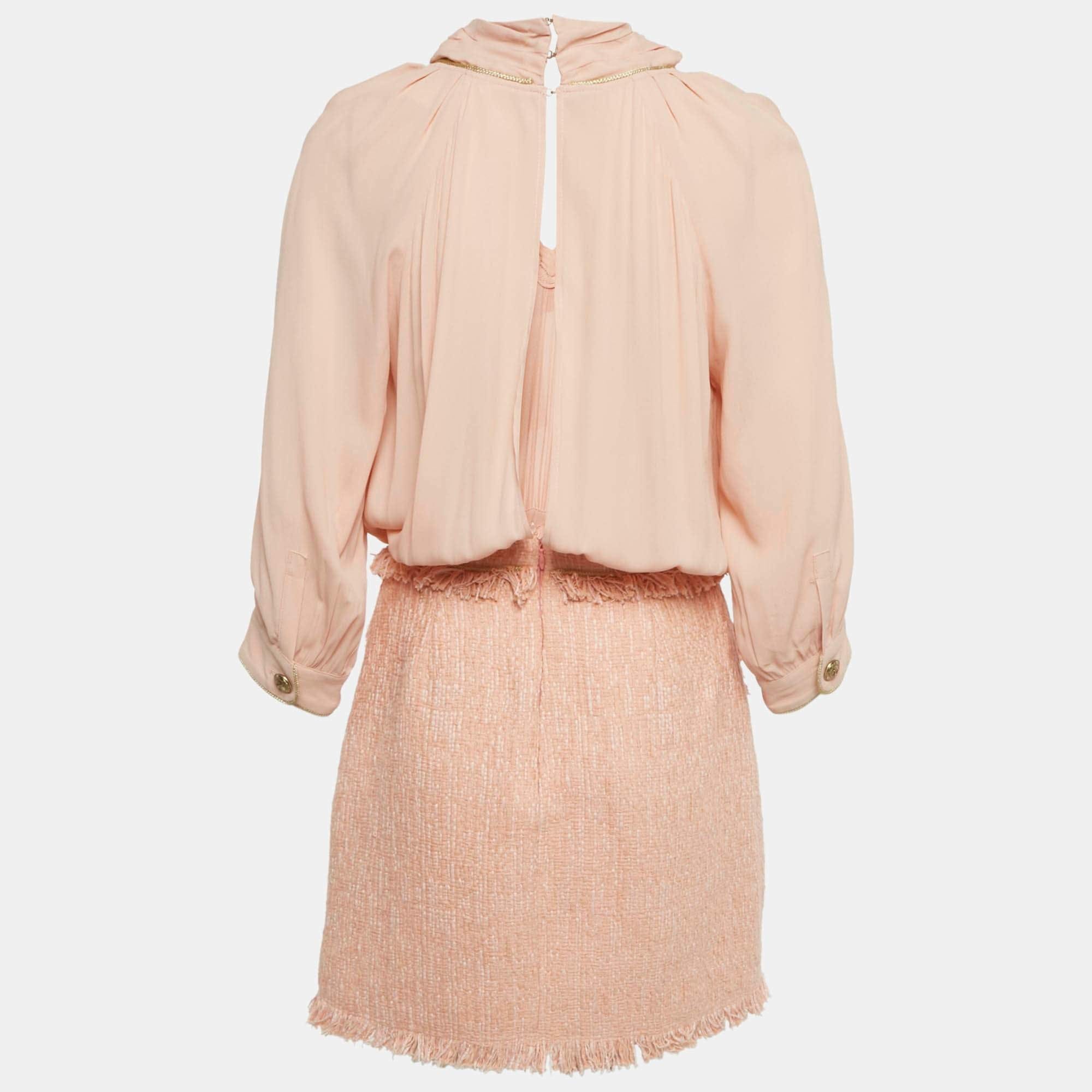 And Light Orange/ Peach Crepe And Tweed Detachable Blouse Mini Dress