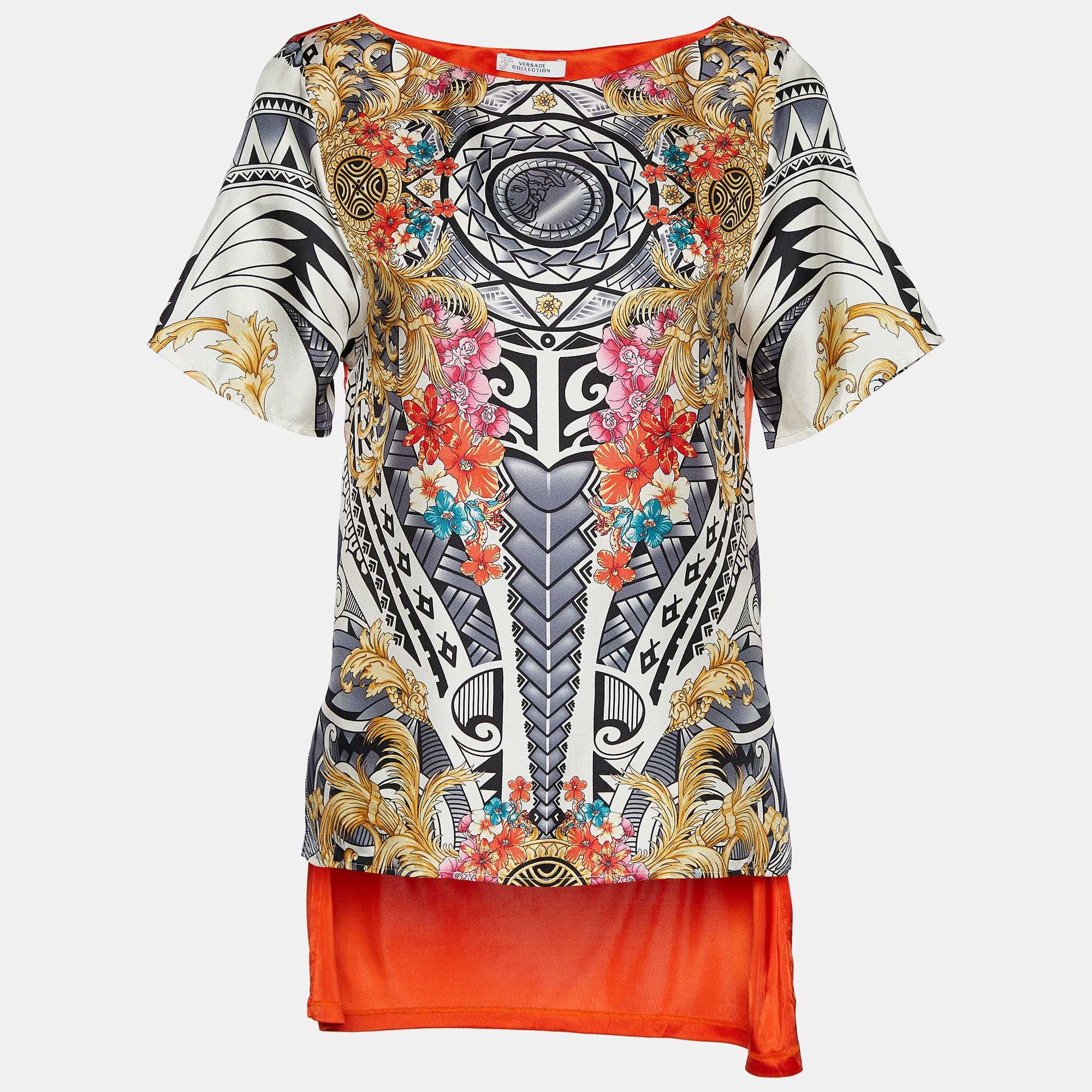 SILK Collection Multicolor Printed Silk & Jersey Hi - Low Hem Top