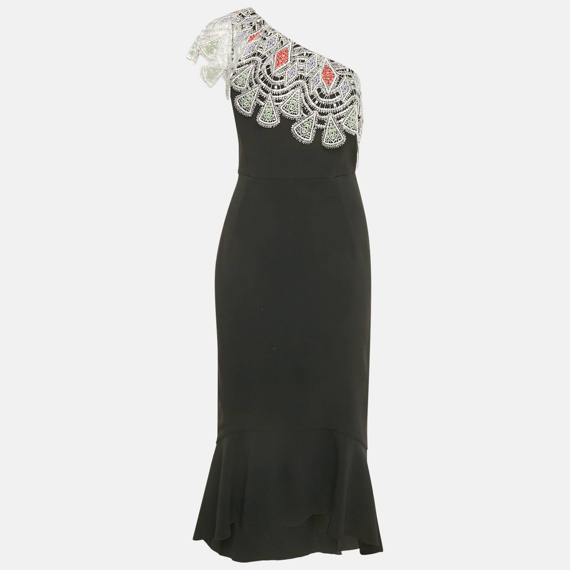 ONE Black Crepe Lace Overlay One Shoulder Midi Dress